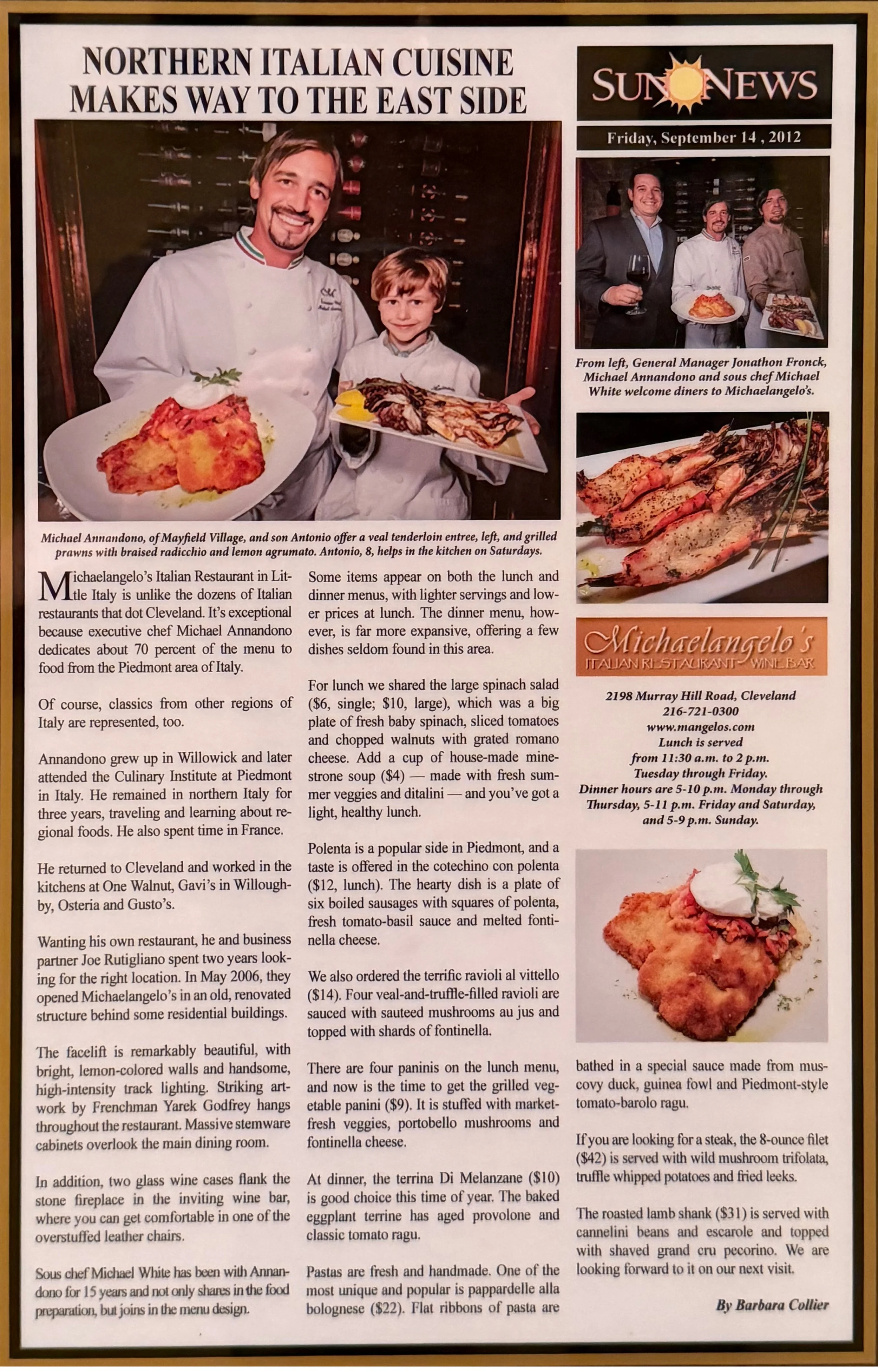 Newspaper page featuring Michaelangelo's Italian restaurant. Contains photos of chef Michael White and staff, dishes like veal tenderloin, grilled prawns, ravioli, and eggplant terrine, and the restaurant's contact info and hours.