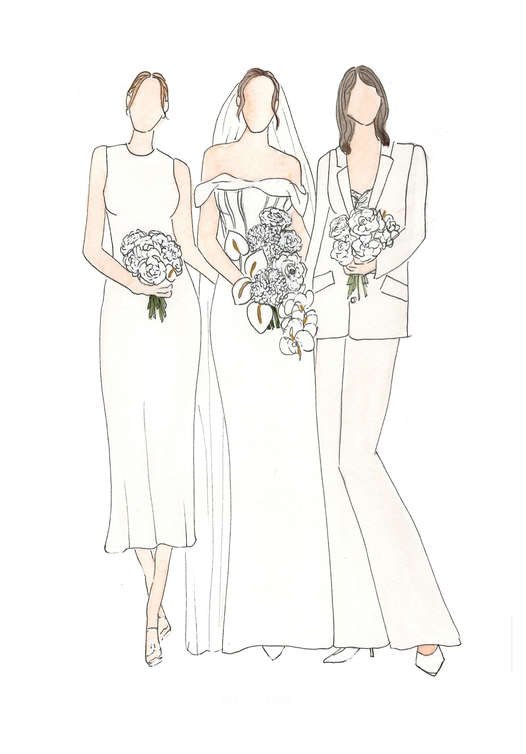 Live fashion wedding bride and groom illustrations