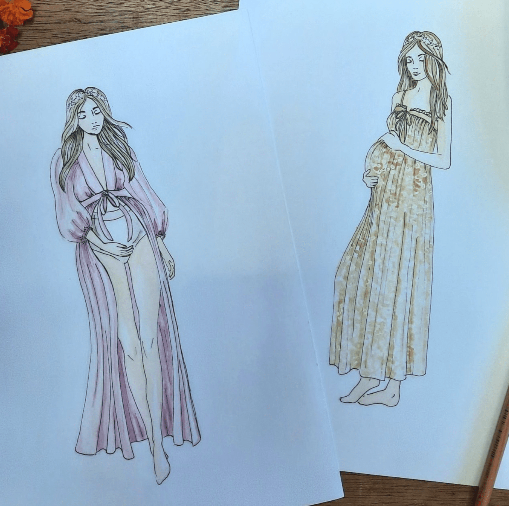 Golden Rose Creative fashion designer fashion illustrations of women’s Maternity apparel in boho floral prints