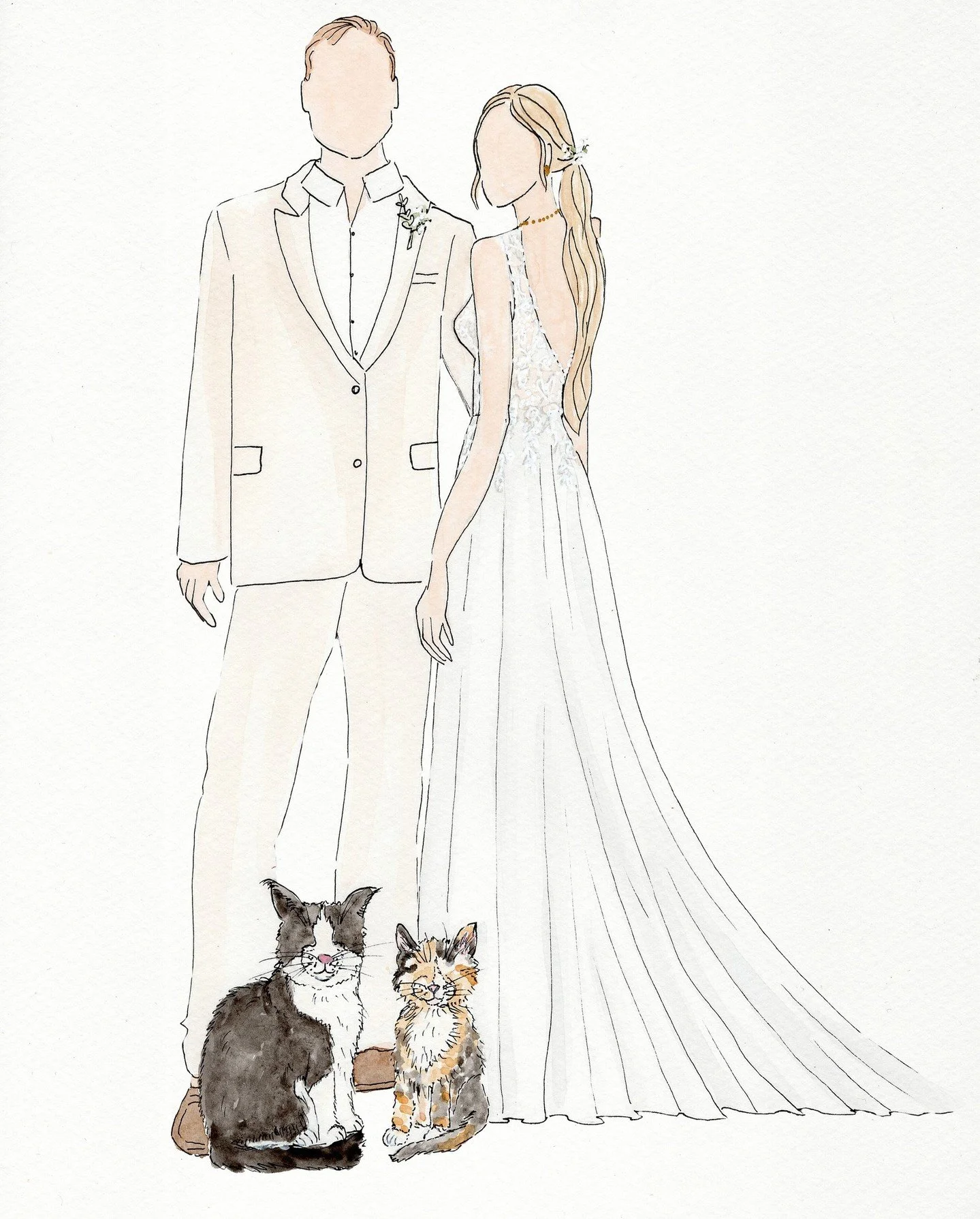 Celebrate your love story with a one-of-a-kind, hand-painted watercolour illustration of you as a couple on your wedding day with a special extra touch of your beloved furry family members.
Soft, whimsical, and uniquely yours &mdash; this timeless ar