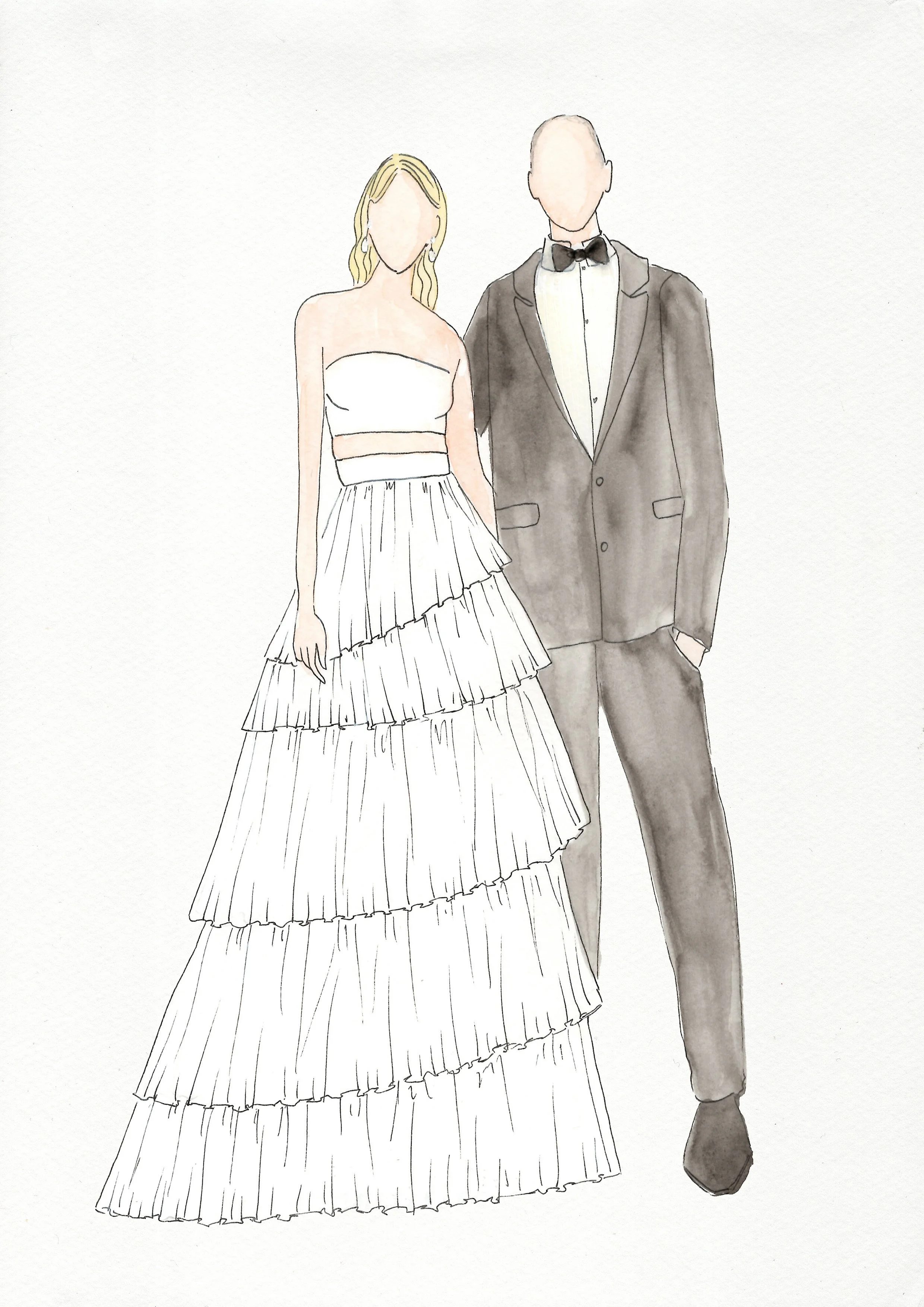 Newlywed Illustration of them in there wedding attire, black tie suit and white 2 piece tulle skirt bridal gown