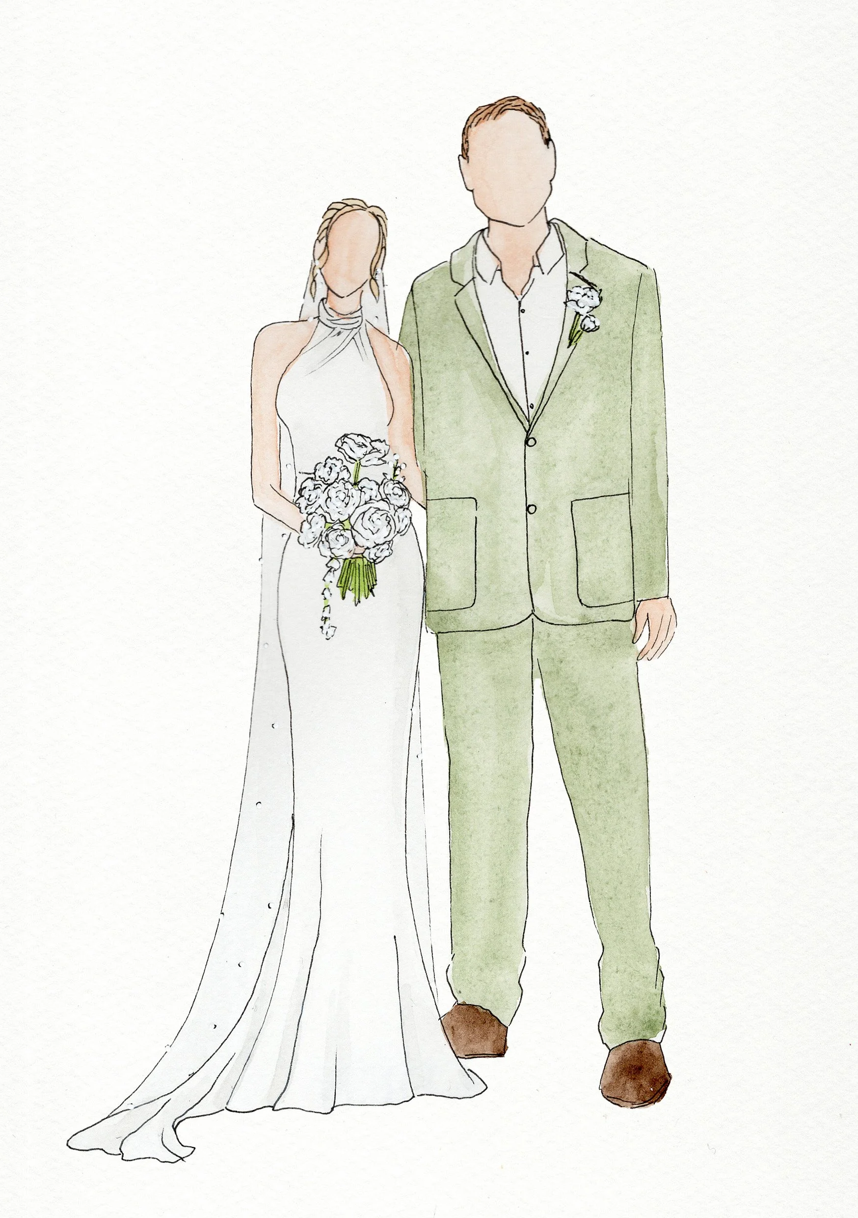 Newlywed Illustration of them in there wedding attire, green suit, white silk dress