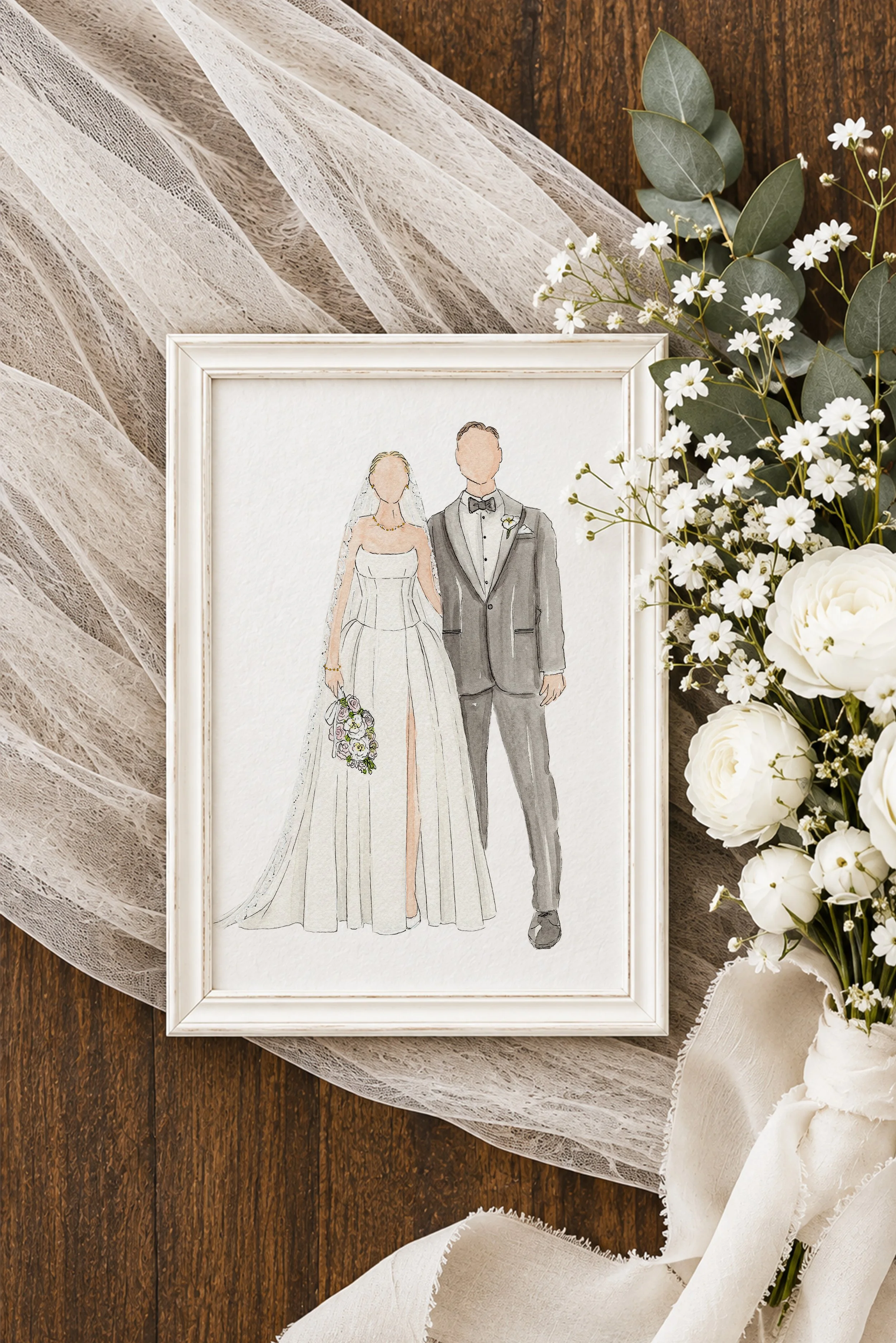 Golden Rose Creative live wedding illustrator and wedding painter capturing newlywed couples in watercolour painting as a wedding favour and memory forever