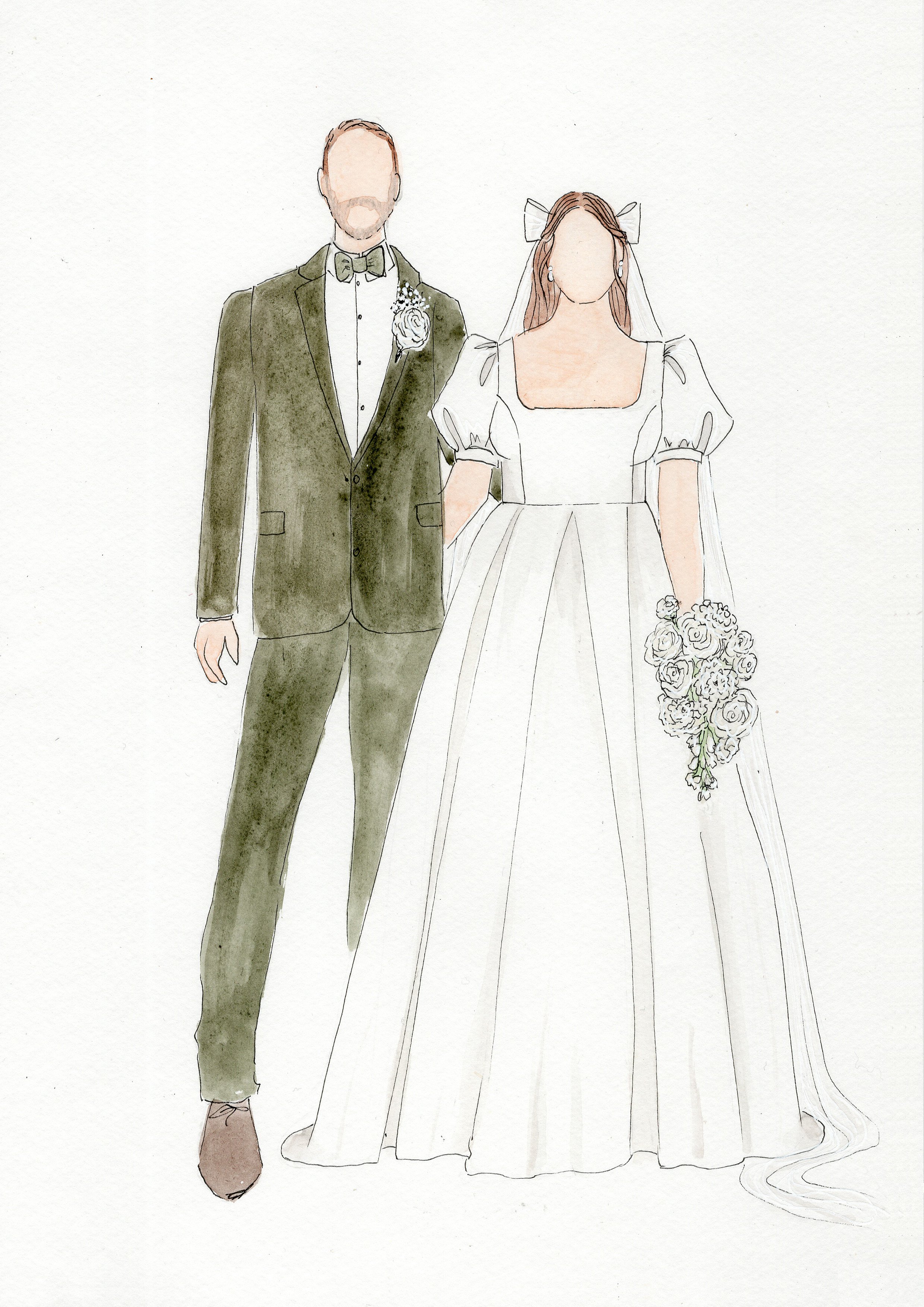 Newlywed Illustration of them in there wedding attire, green suit, with princess bridal gown