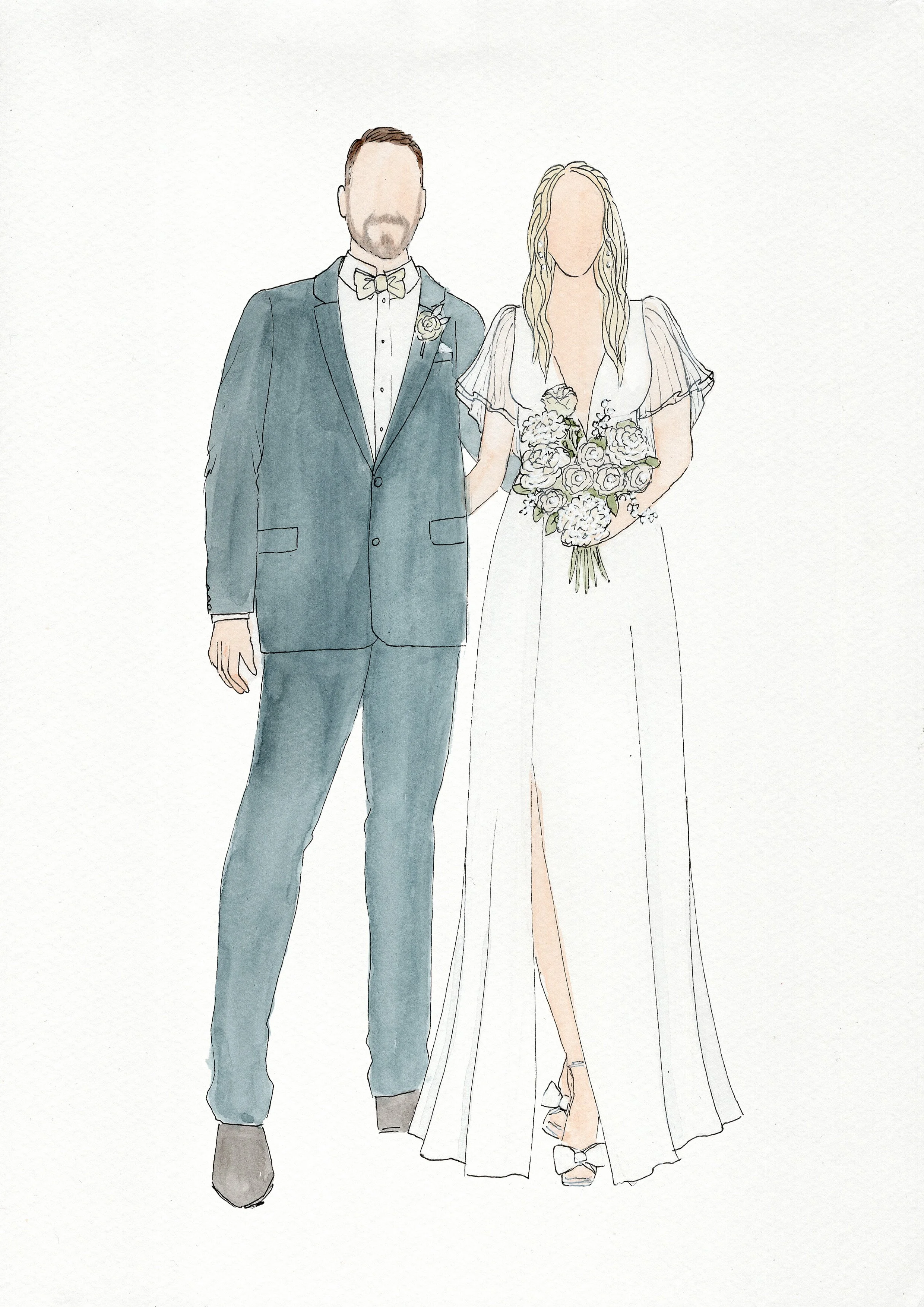 Newlywed Illustration of them in there wedding attire, navy suit and a relaxed loose bridal gown
