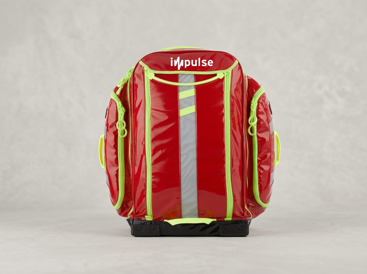 Impulse's MCI Medical Cache bag in red with neon yellow zippers and accents.