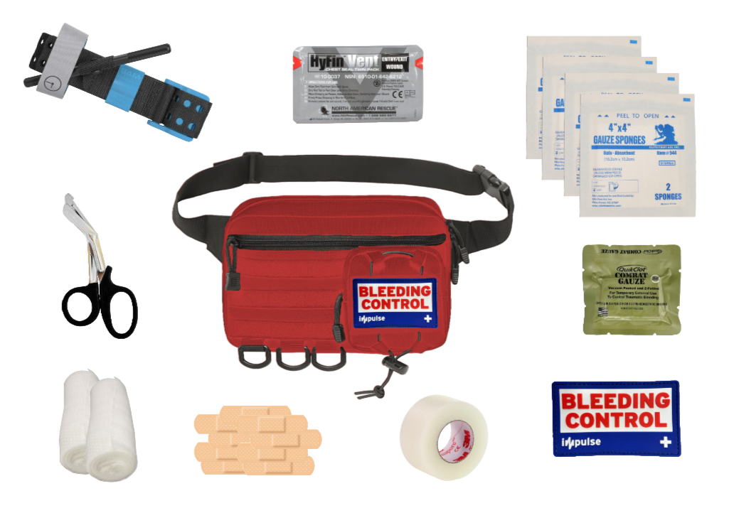 Impulse Compact Bleeding Control Kit with medical supplies including tourniquet gauze, tape, scissors, antiseptic, and bag.