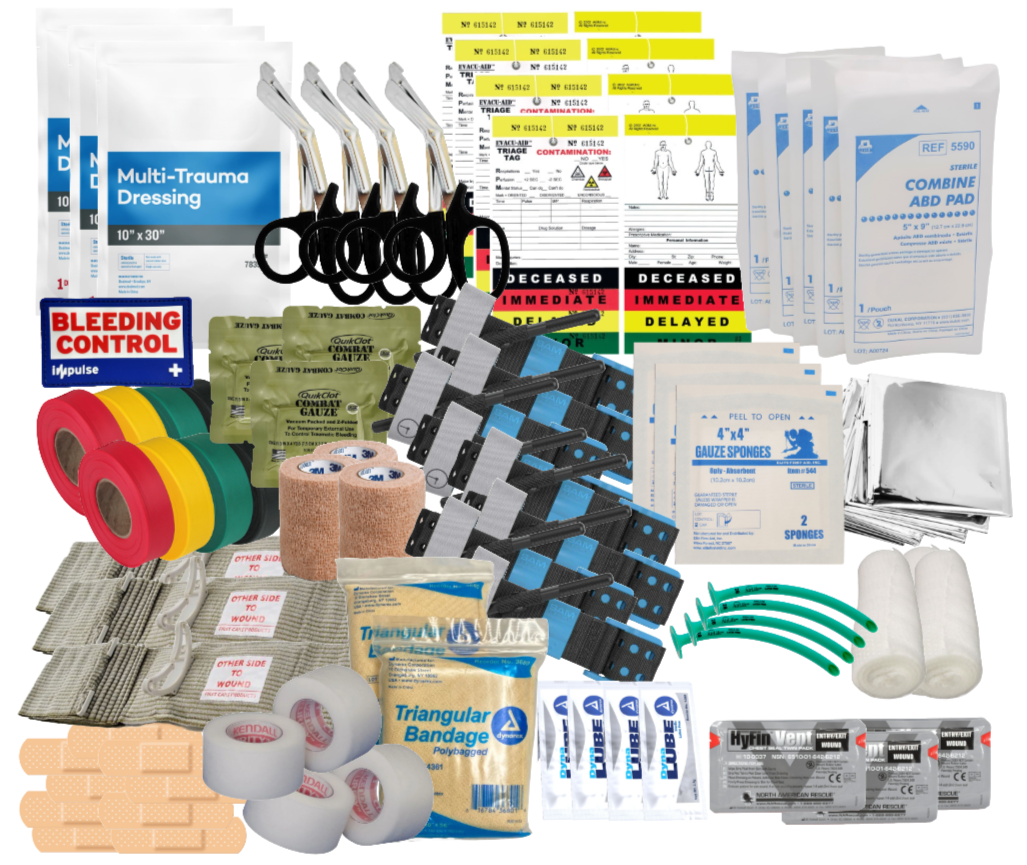 Content of Impulse's MCI Medical Cache bag including tourniquets, bandages, gauze, adhesive tapes, scissors, gloves, antiseptic wipes, and emergency tags.