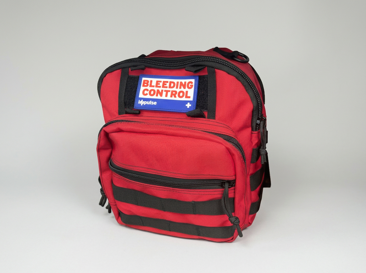 A red first aid backpack with a patch that reads 'BLEEDING CONTROL' and a blue logo labeled 'ippulse' on a plain white background.