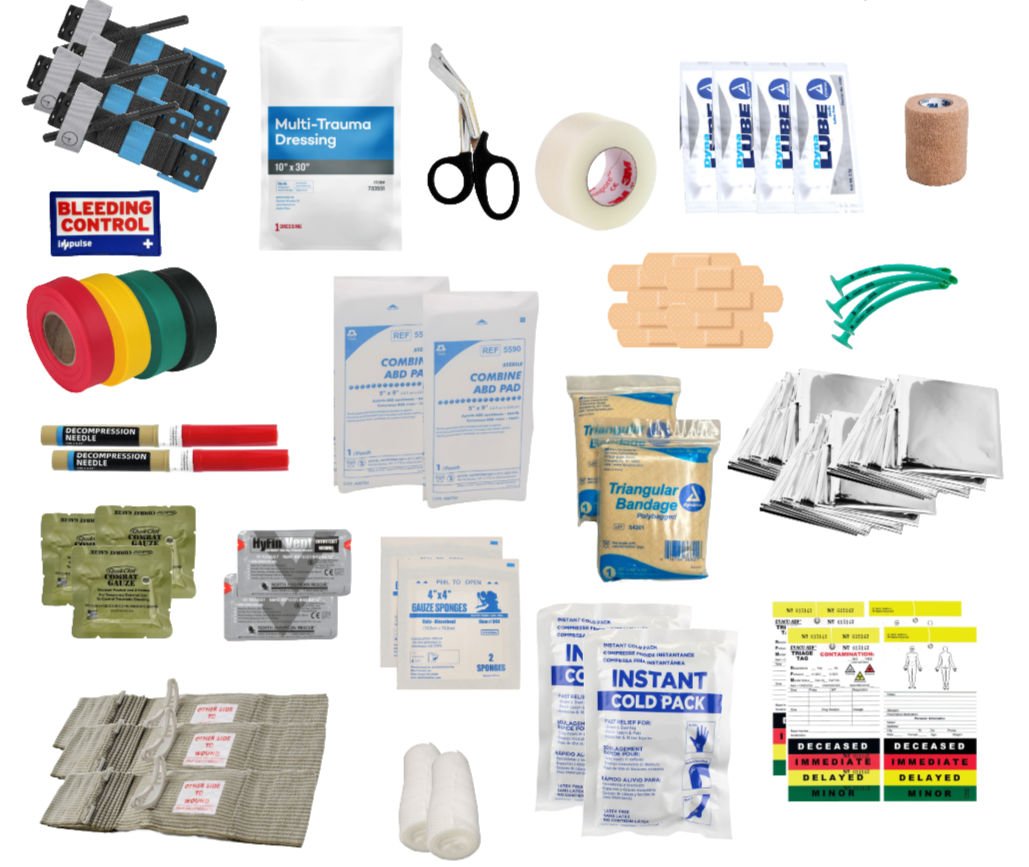 Contents of the Impulse Responder Pro Sling Pack including tourniquets, bandages, gauze, scissors, tape, antiseptic, wound dressings, and other first aid items.