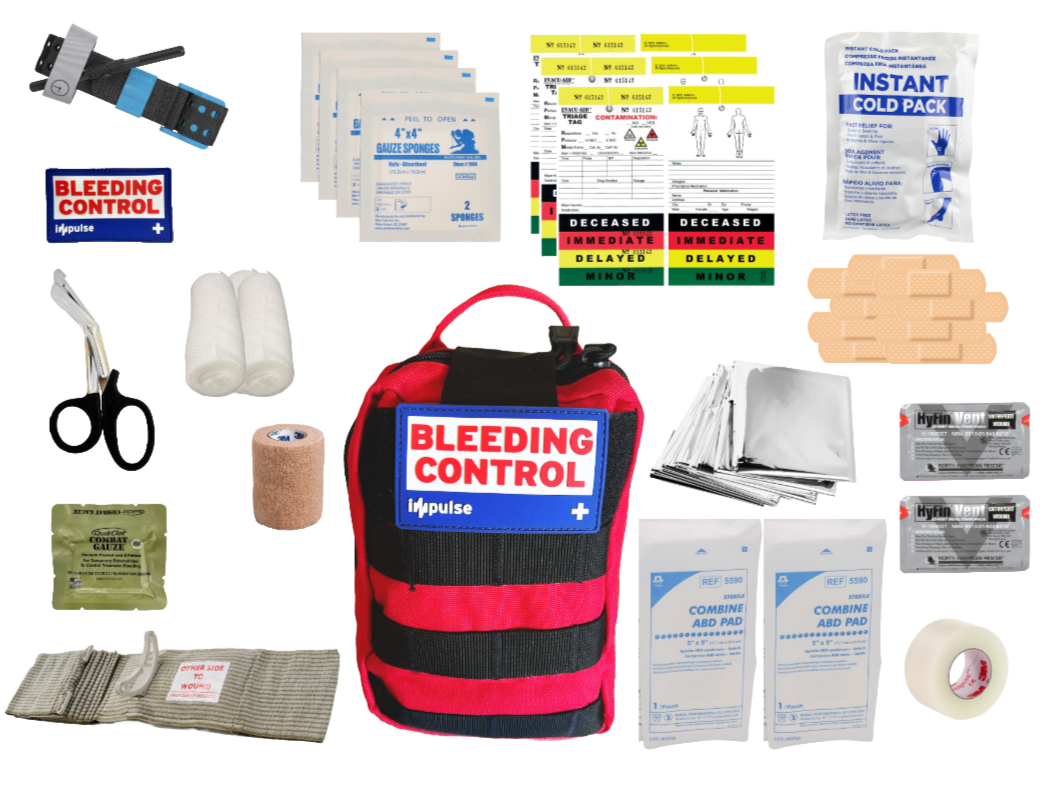Impulse Bleeding Control Kit Content including tourniquet gauze, bandages, tape, antiseptic, scissors, and gloves.