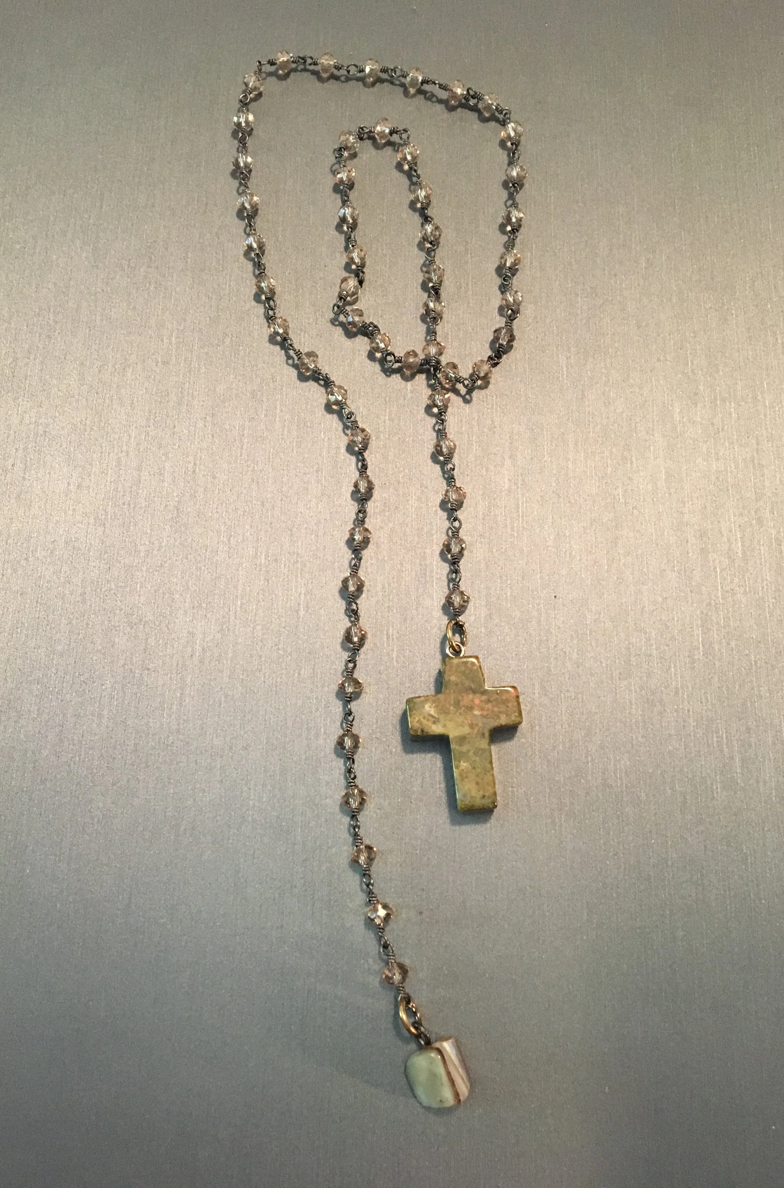 Jasper cross lariat on crystal rosary chain - 20" L