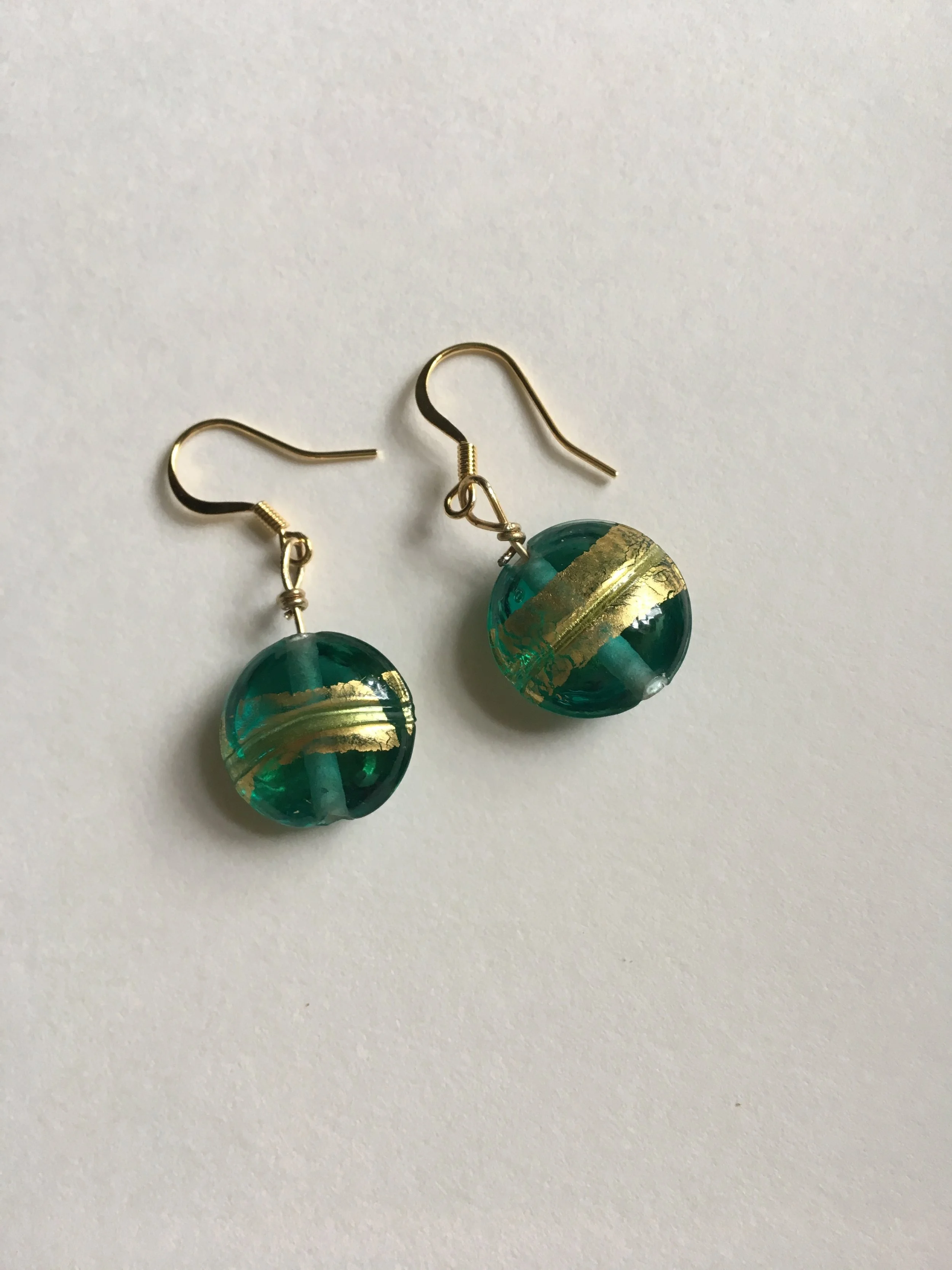 Gold foil on Czech green glass earrings