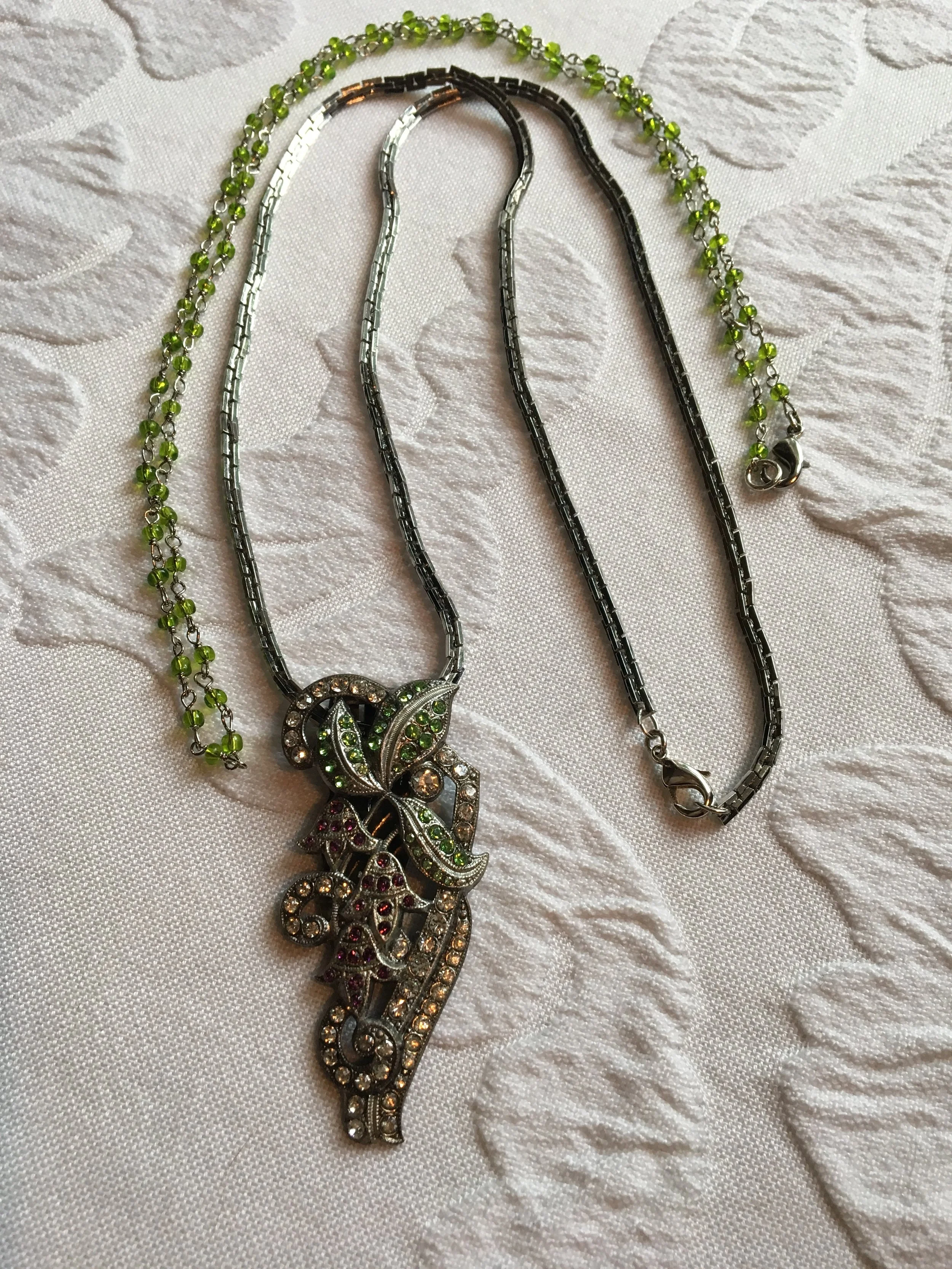 Green, purple and clear rhinestone bluebell dress clip necklace