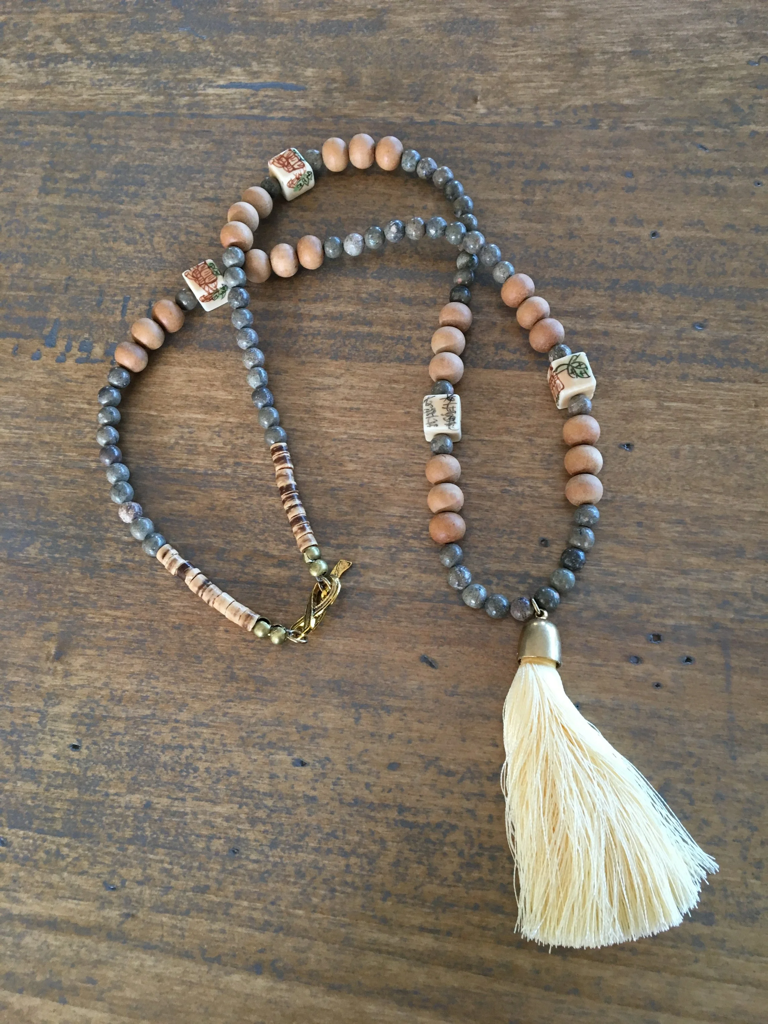 Tassel, jasper and wood necklace -26" L