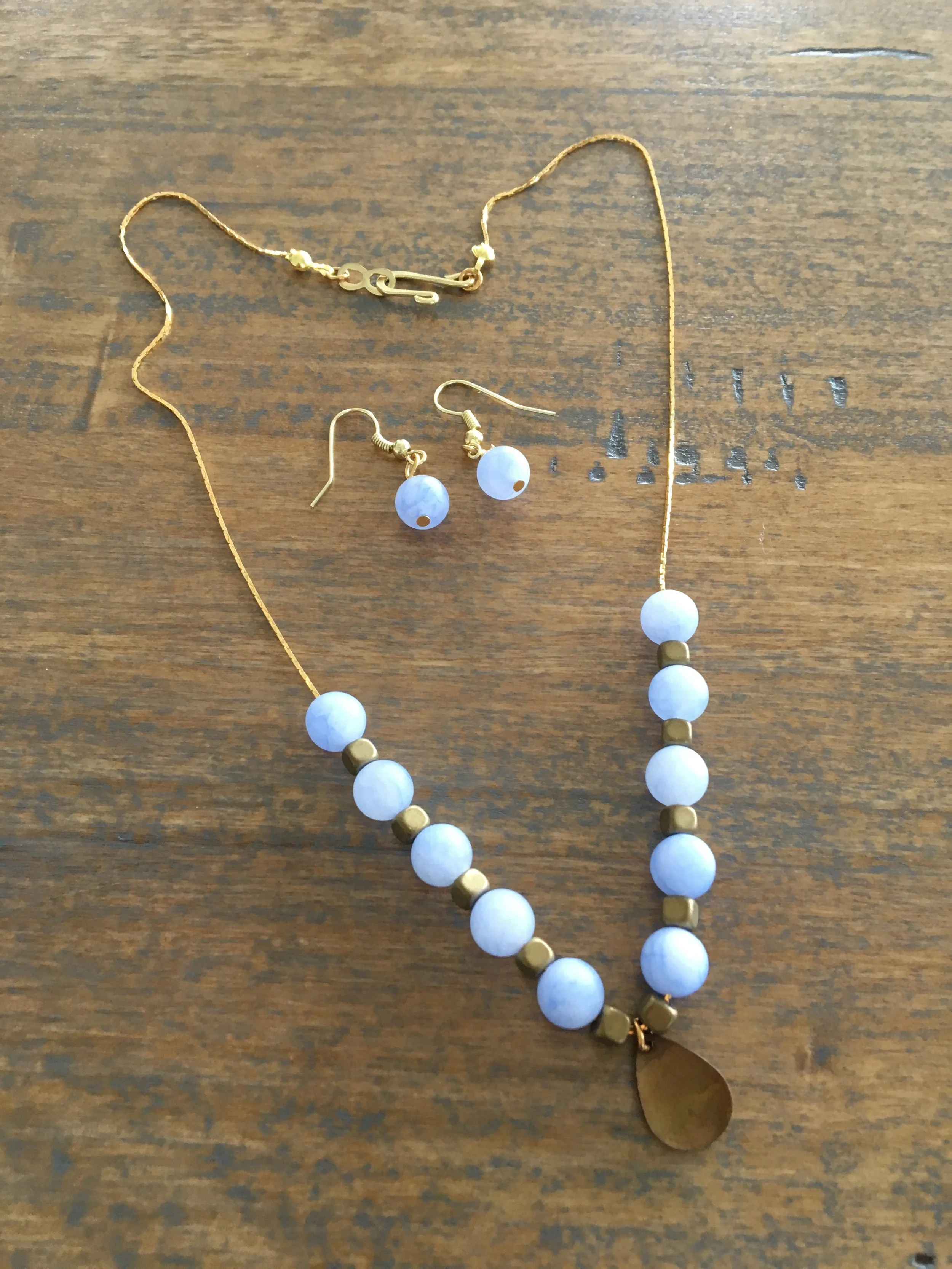 14k gold serpentine chain, milky blue and brass beads