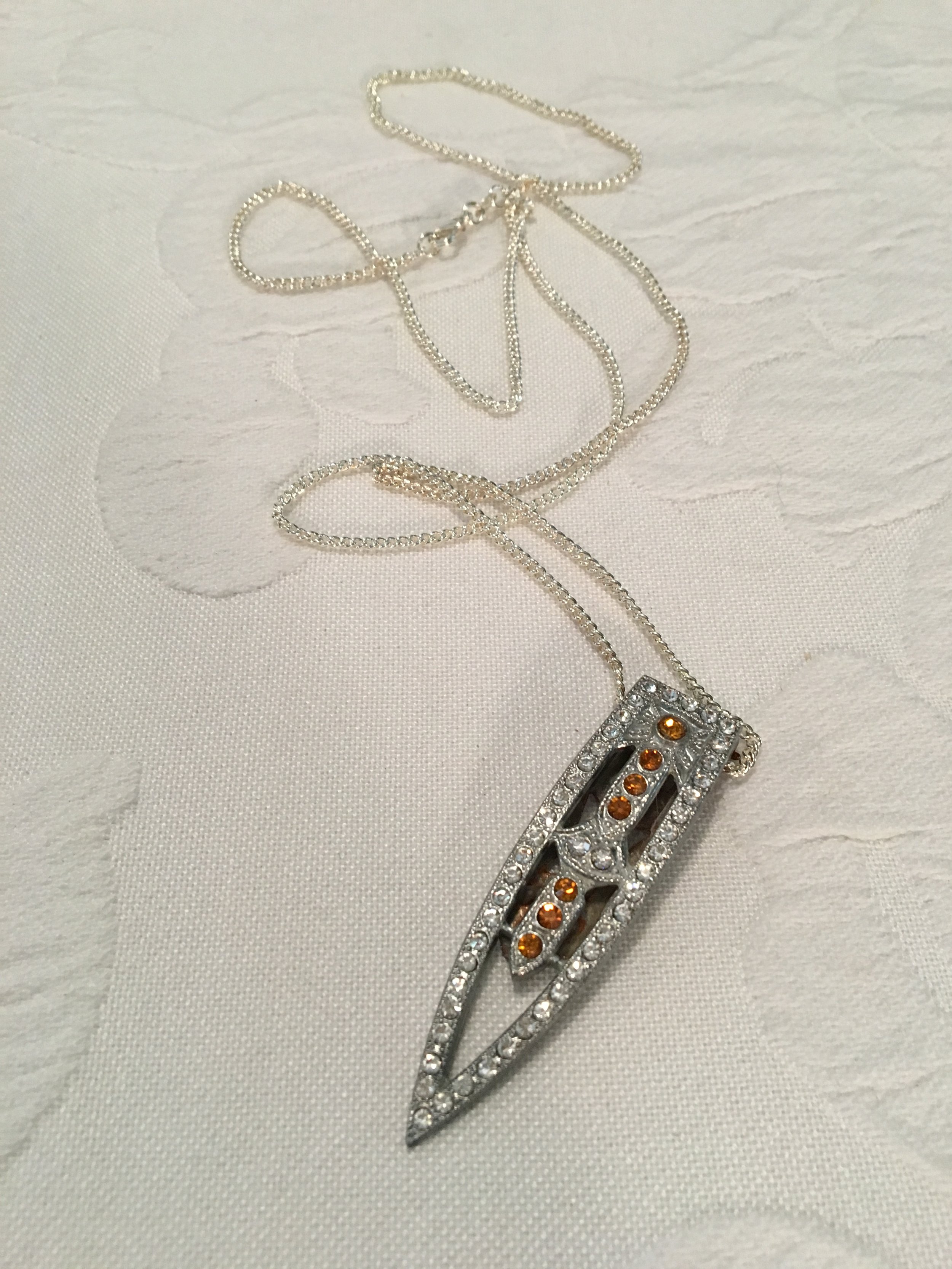 Art Deco clear & amber rhinestones & Sterling silver chain