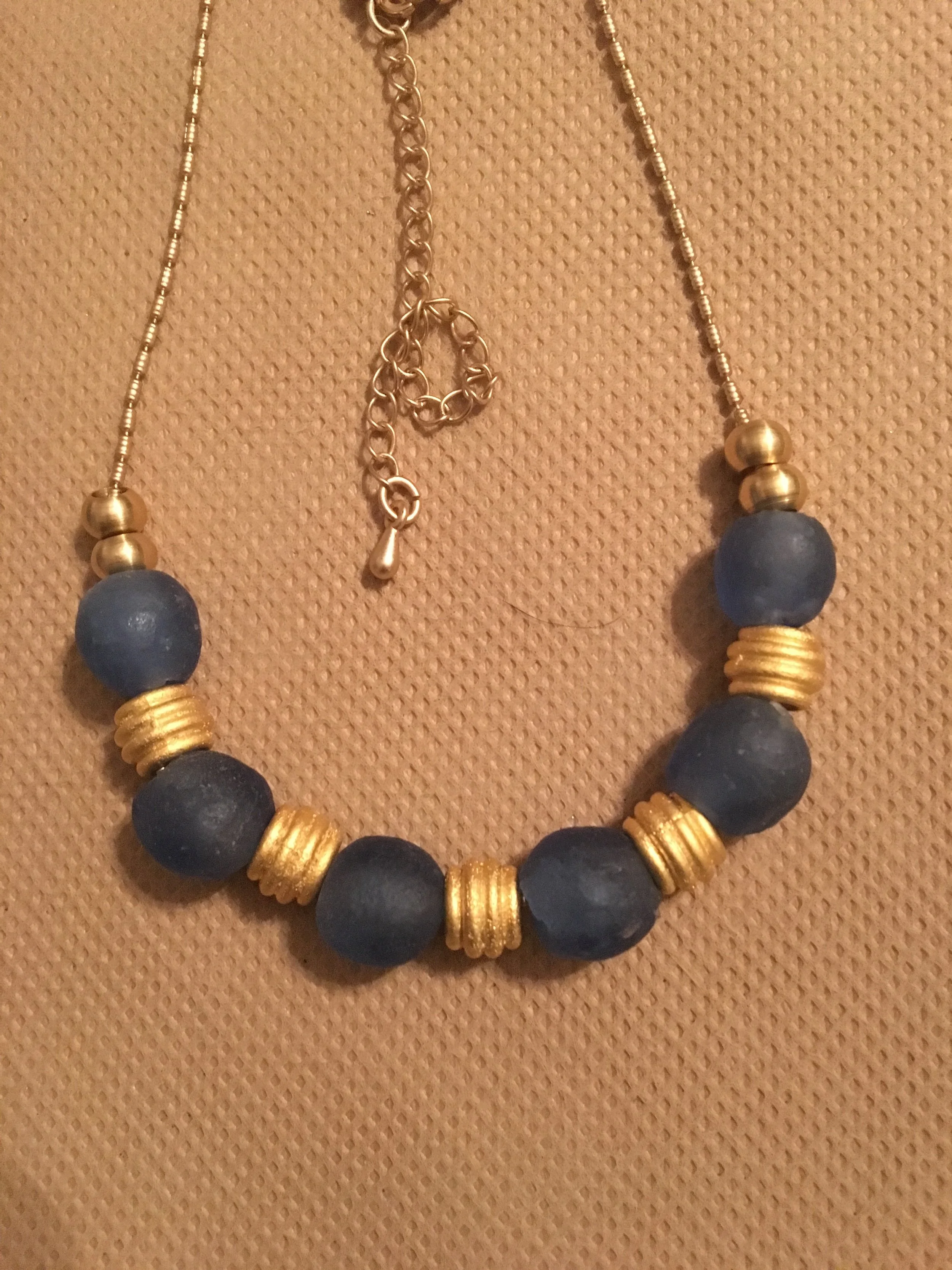 Recycled blue glass and brass ring necklace