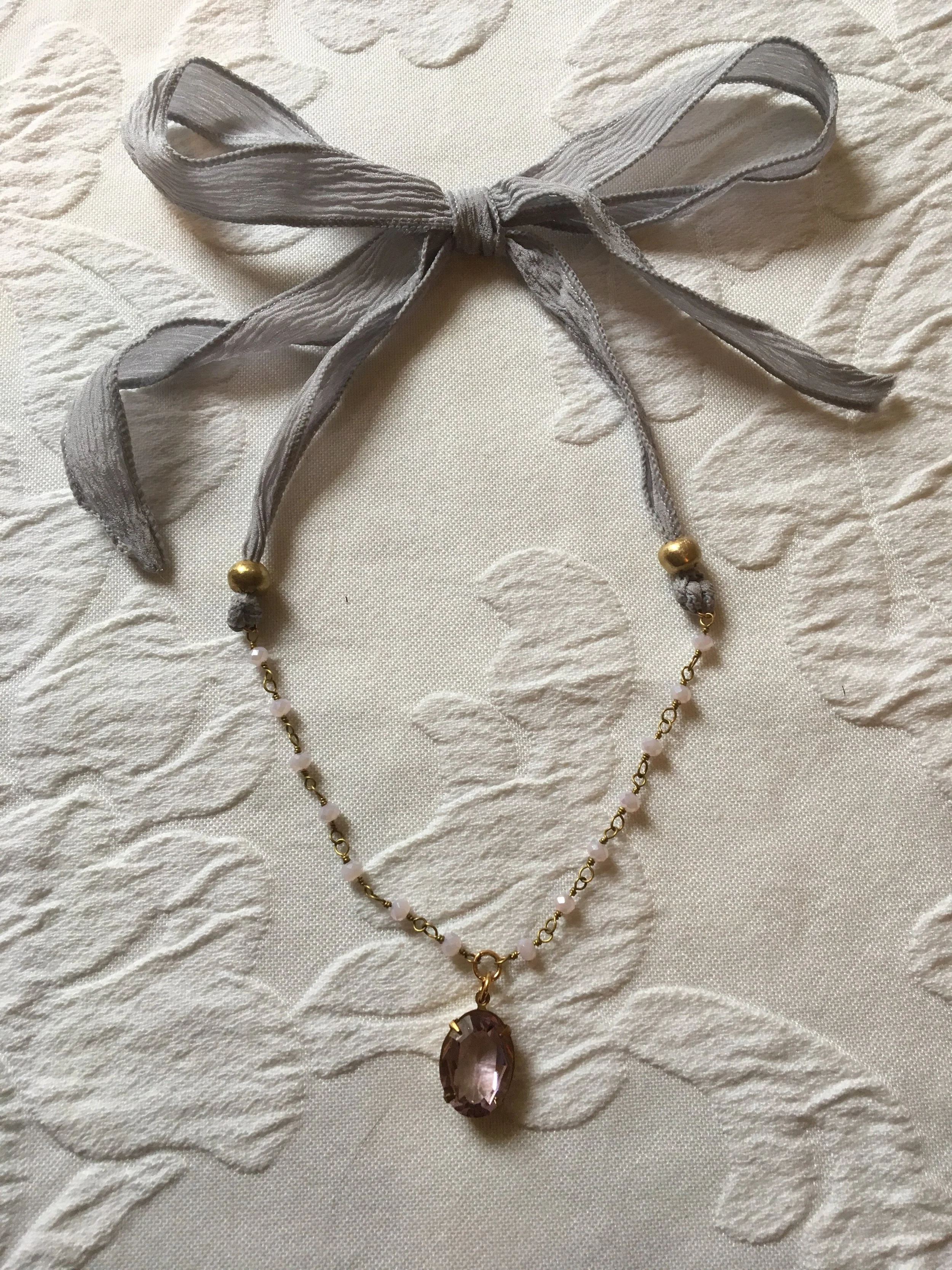 Grey-lavender and pale pink on Sari silk ribbon