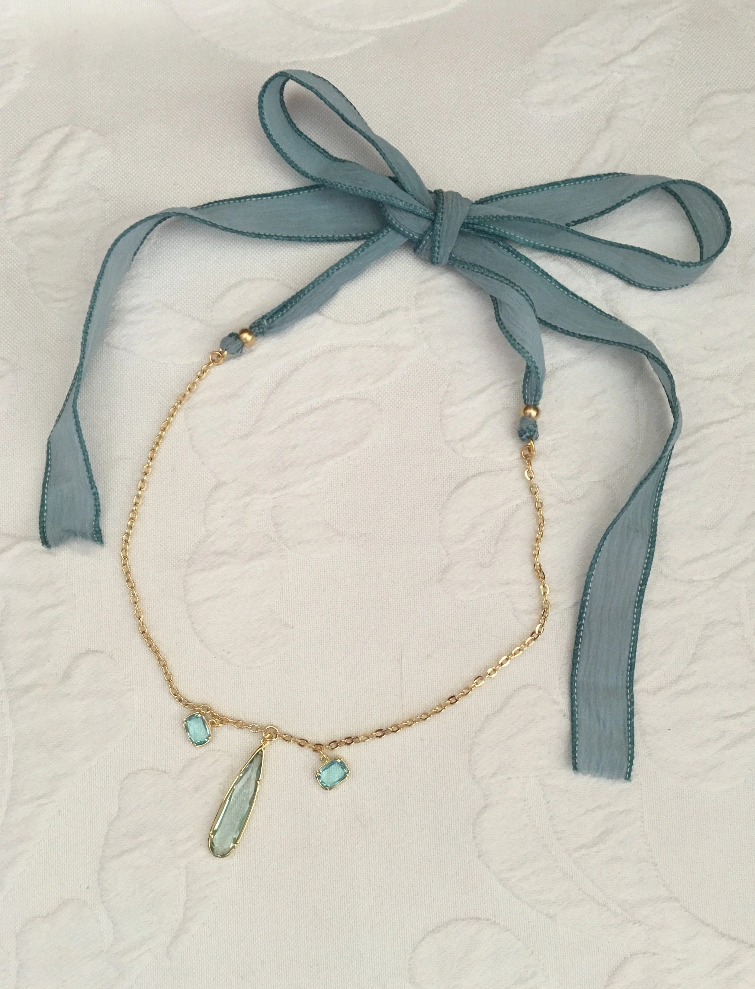 Blue-green-gray Sari silk ribbon, aqua crystals and gold