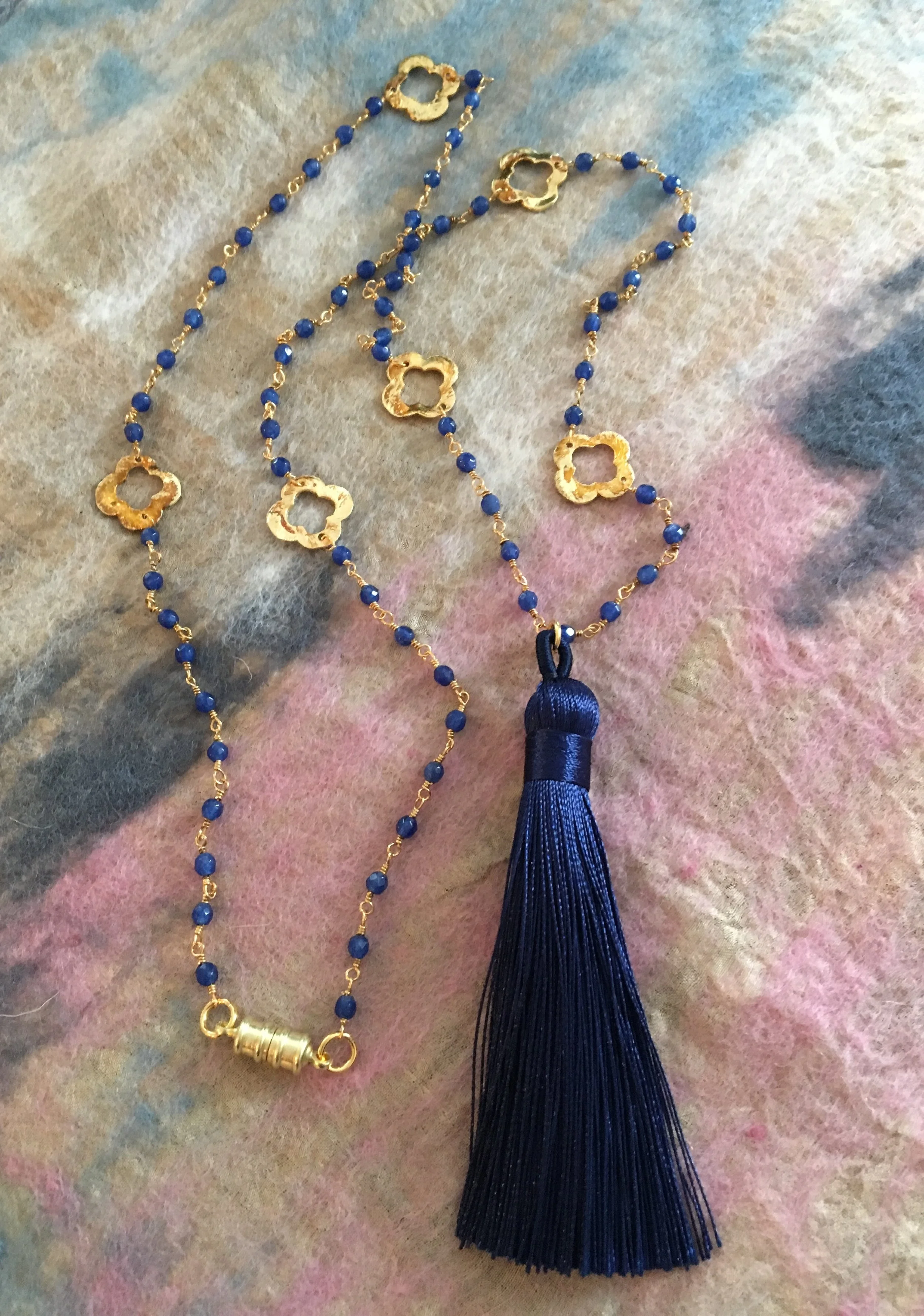 Midnight blue tassel necklace with sapphire and gold