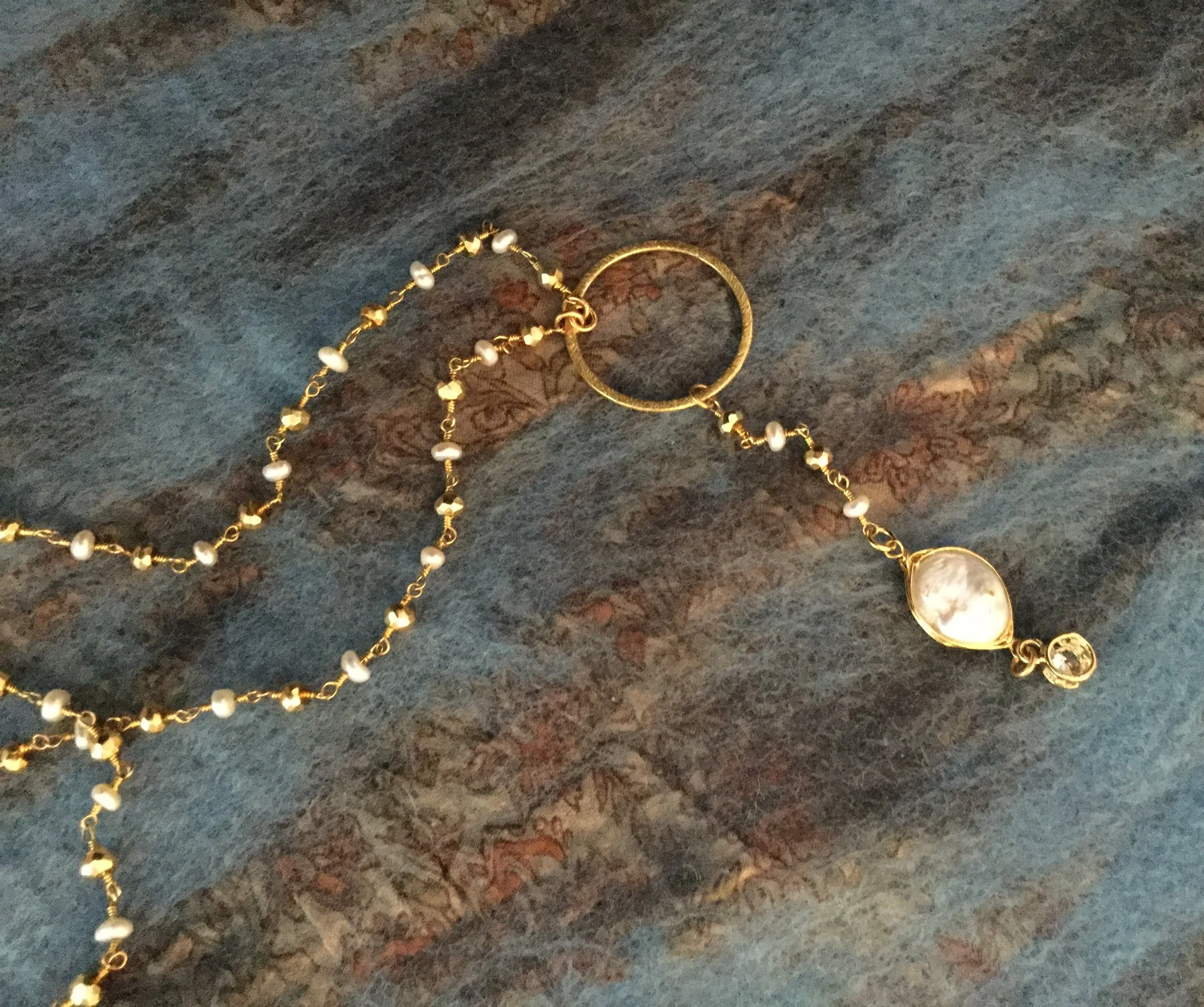 Pearl, pyrite and gold “Y” necklace