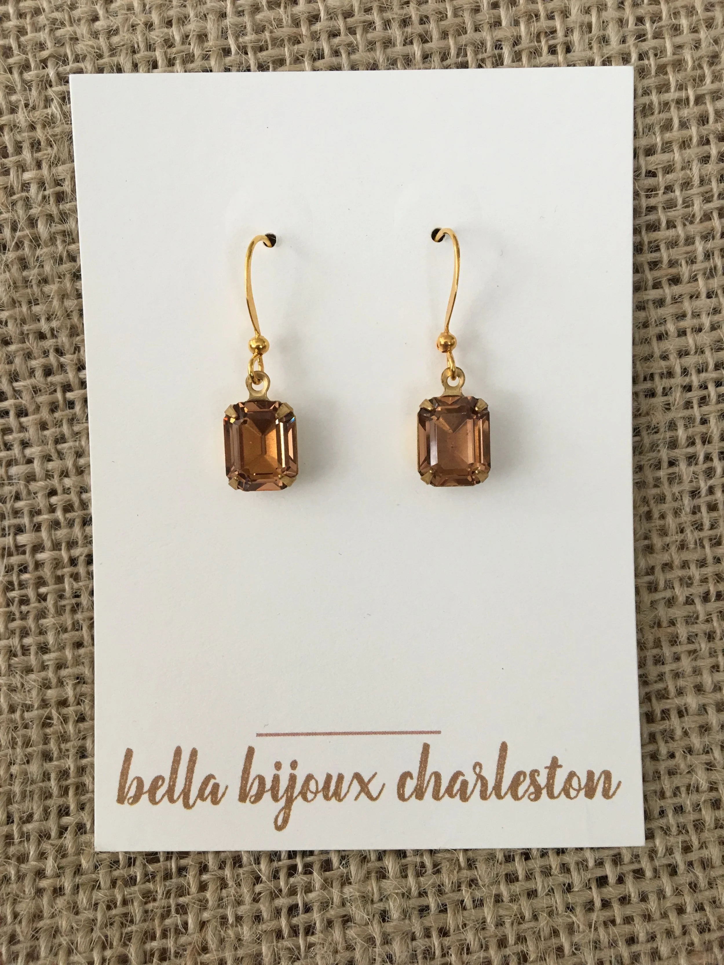 Emerald cut, golden topaz Swarovski crystal earrings