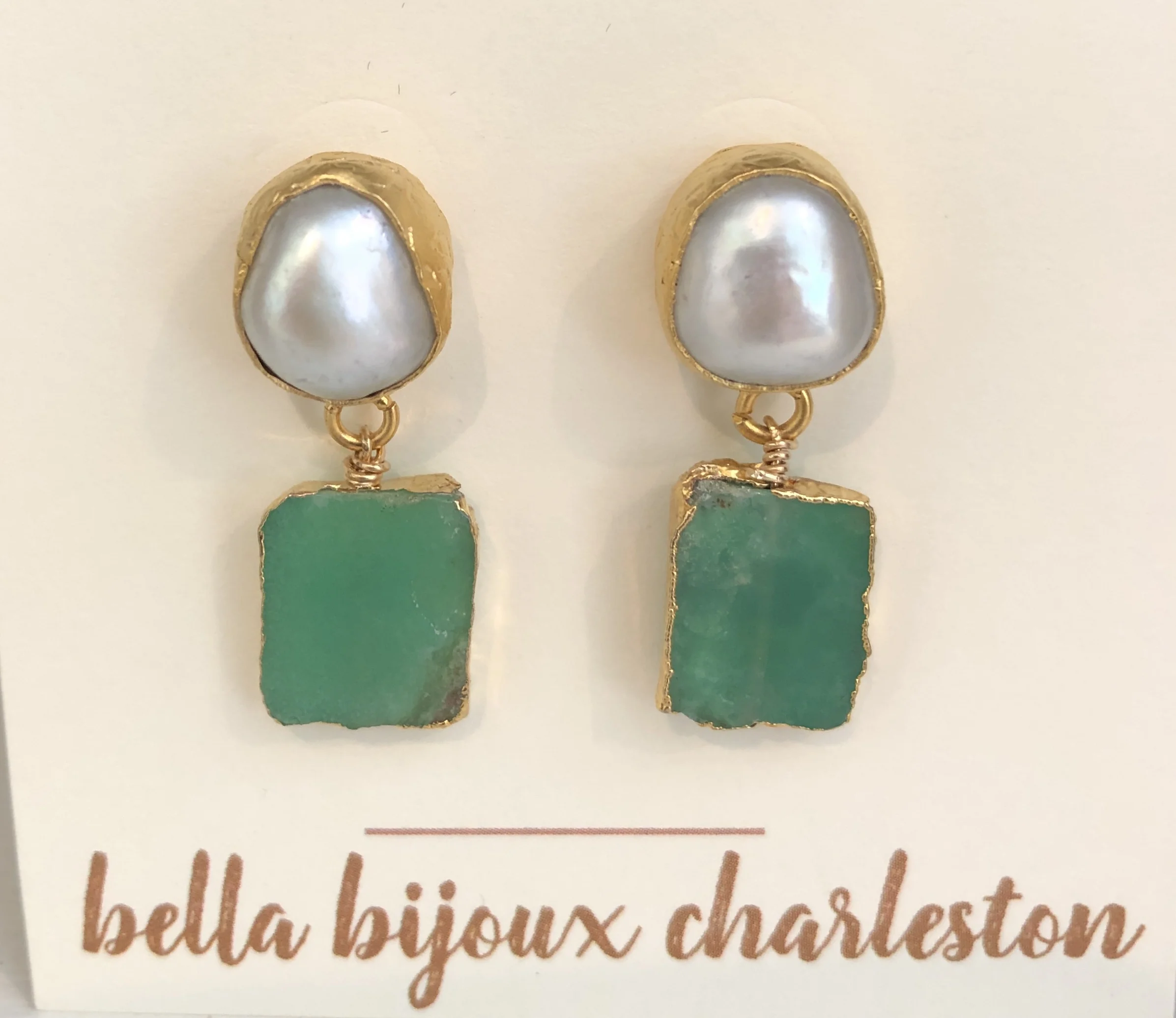 Bezel-set pearl and green drop earrings 