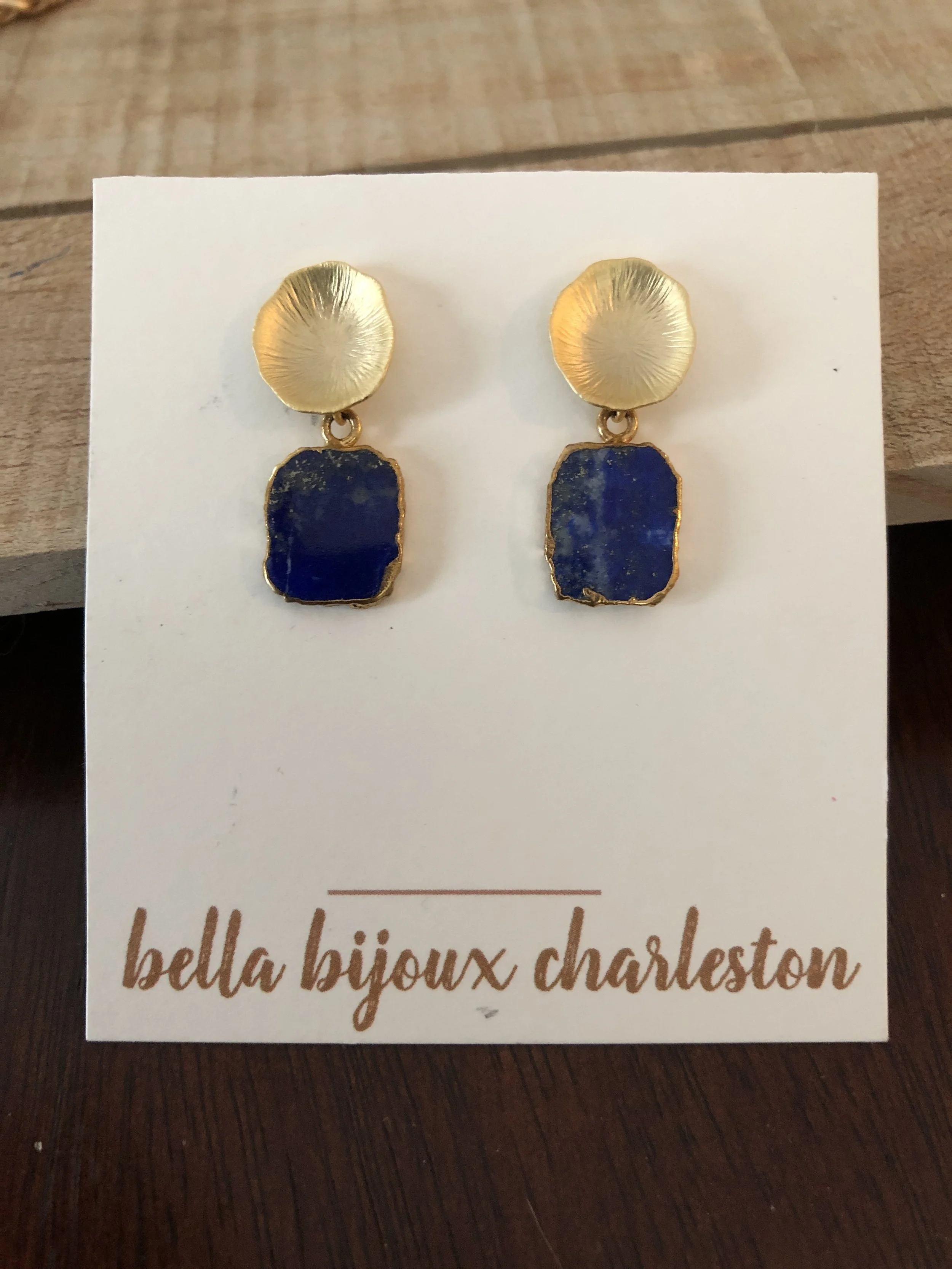 Lapis slice and matte gold petal earrings
