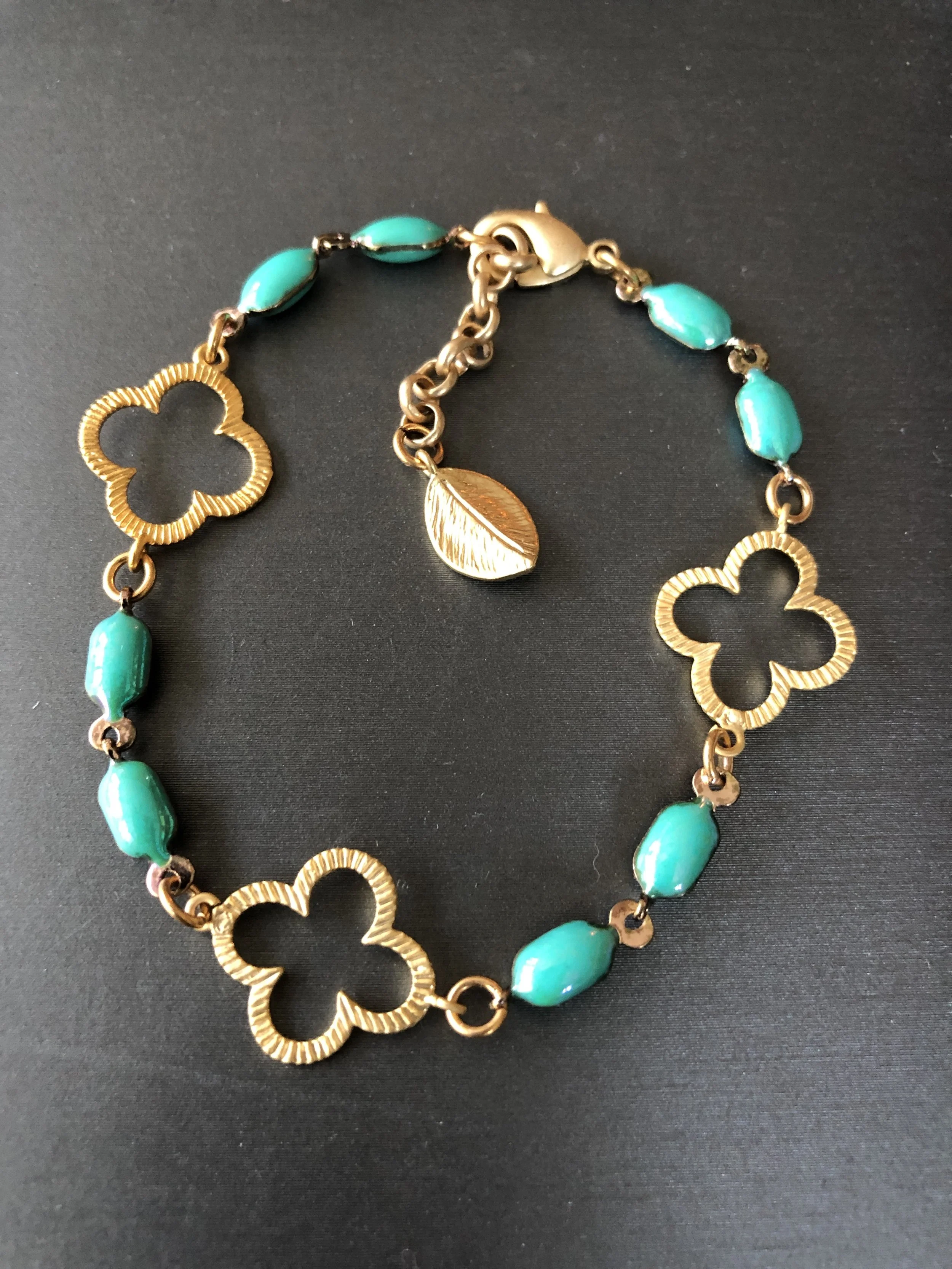 Turquoise enamel and gold clover bracelet