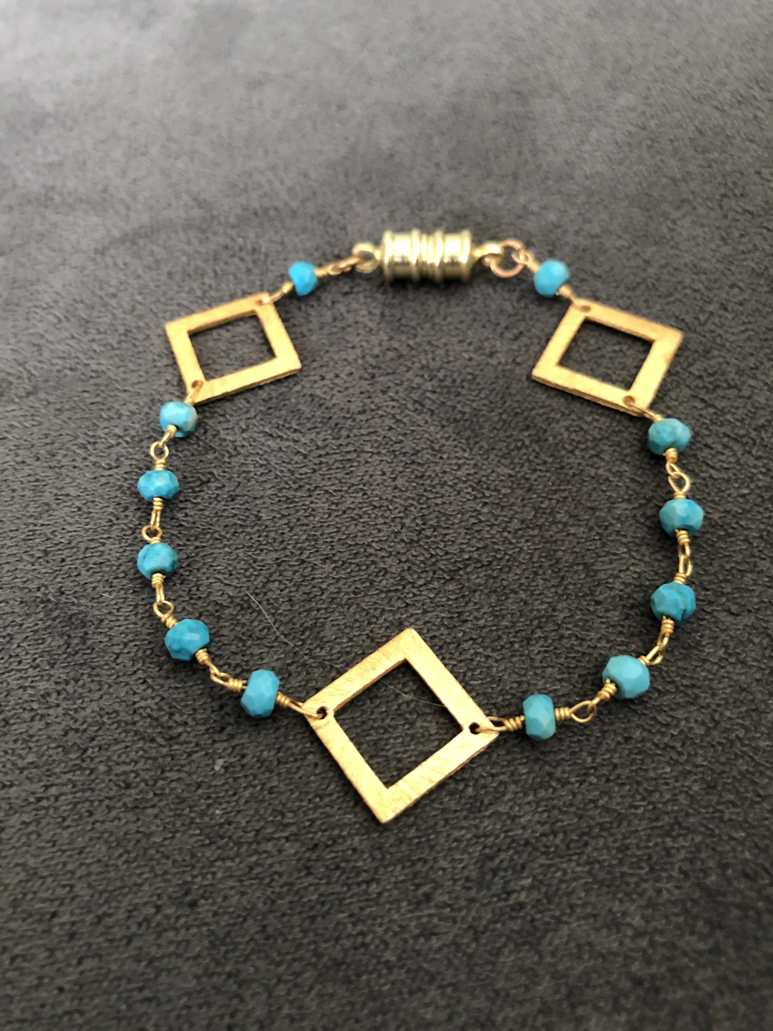 Turquoise chain and matte gold square bracelet 