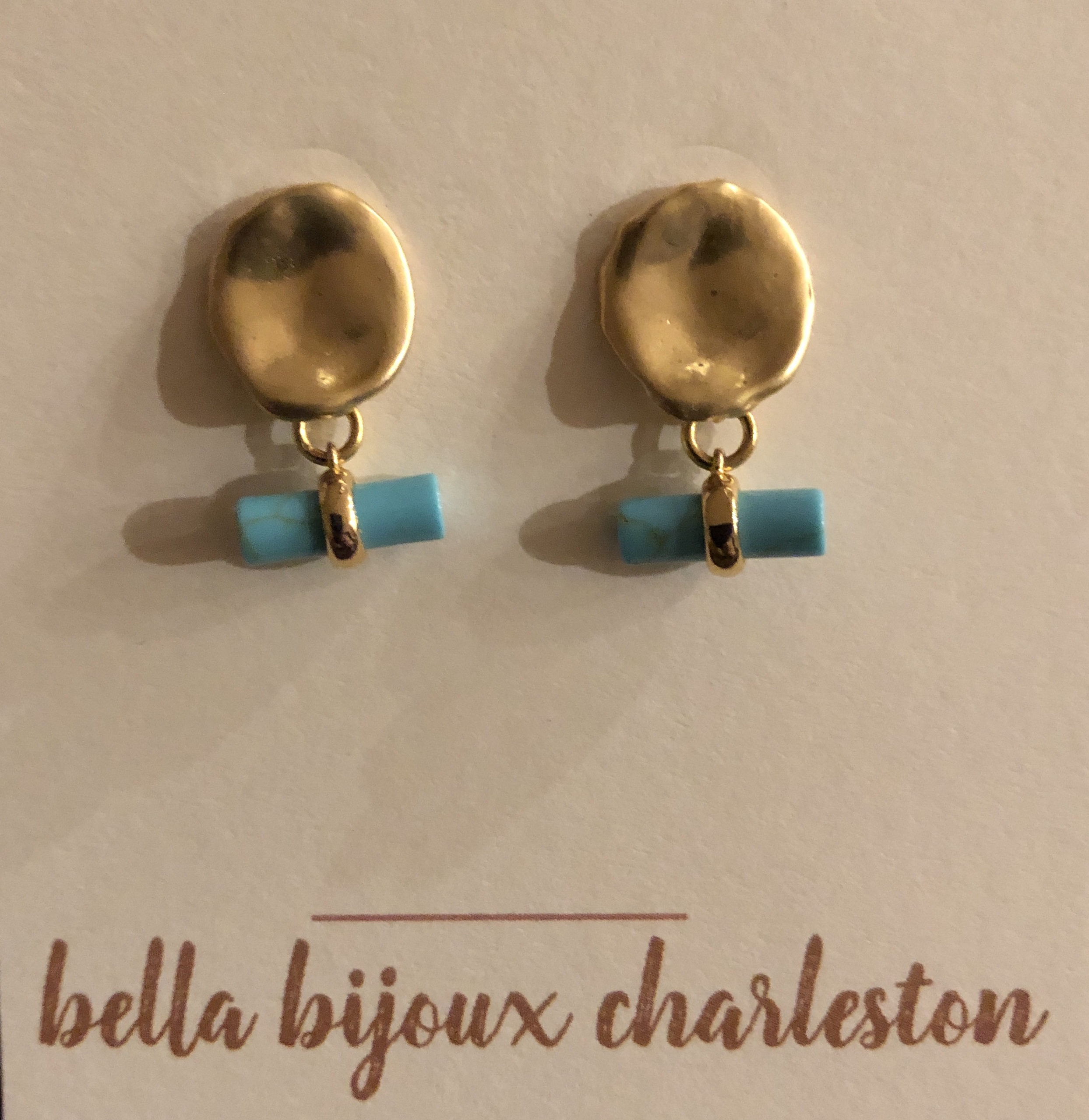 Aqua bar and gold thumbprint earrings