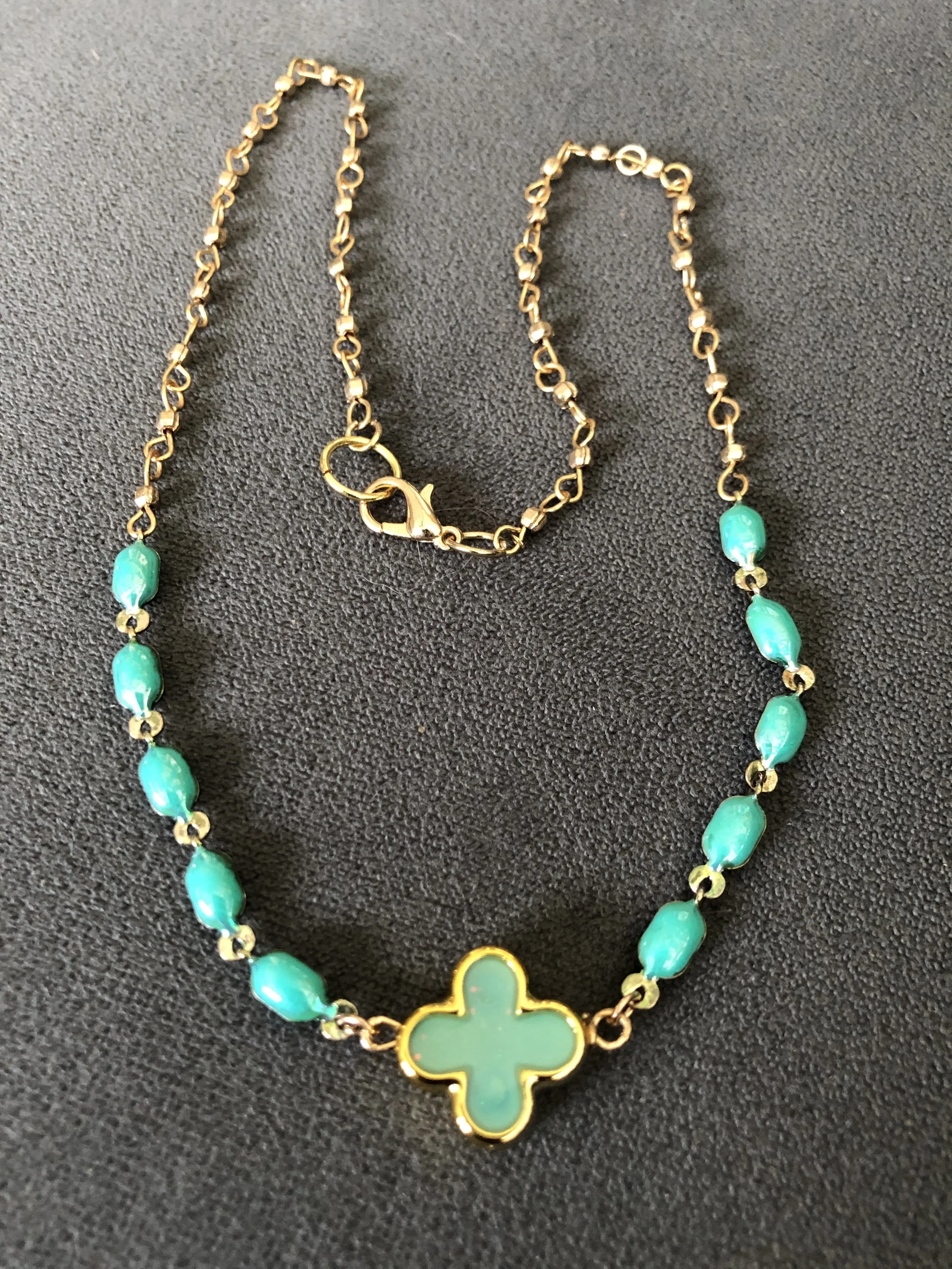 Turquoise enamel with clover and gold chain