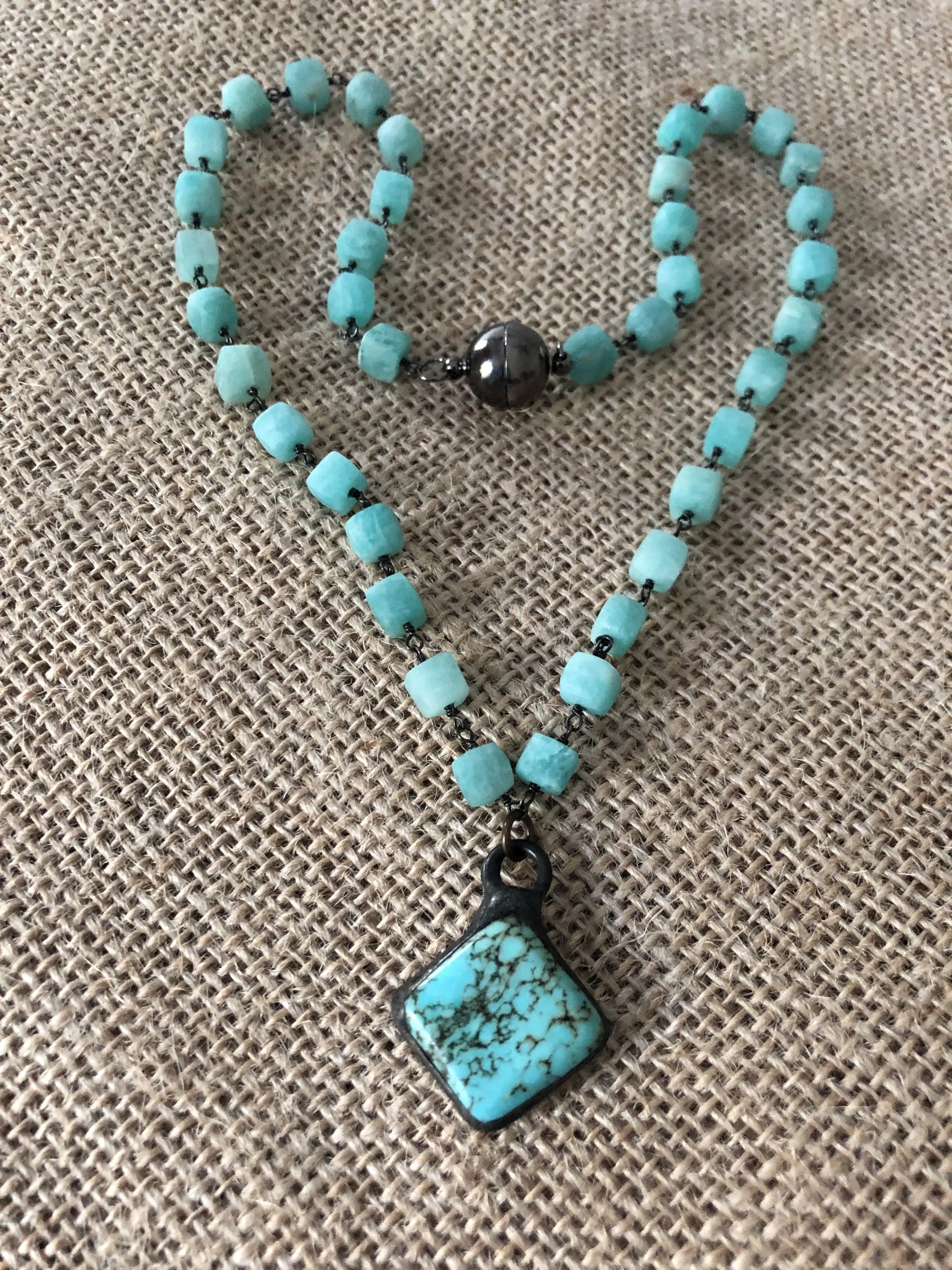 Vintage turquoise pendant and cubes of amazonite