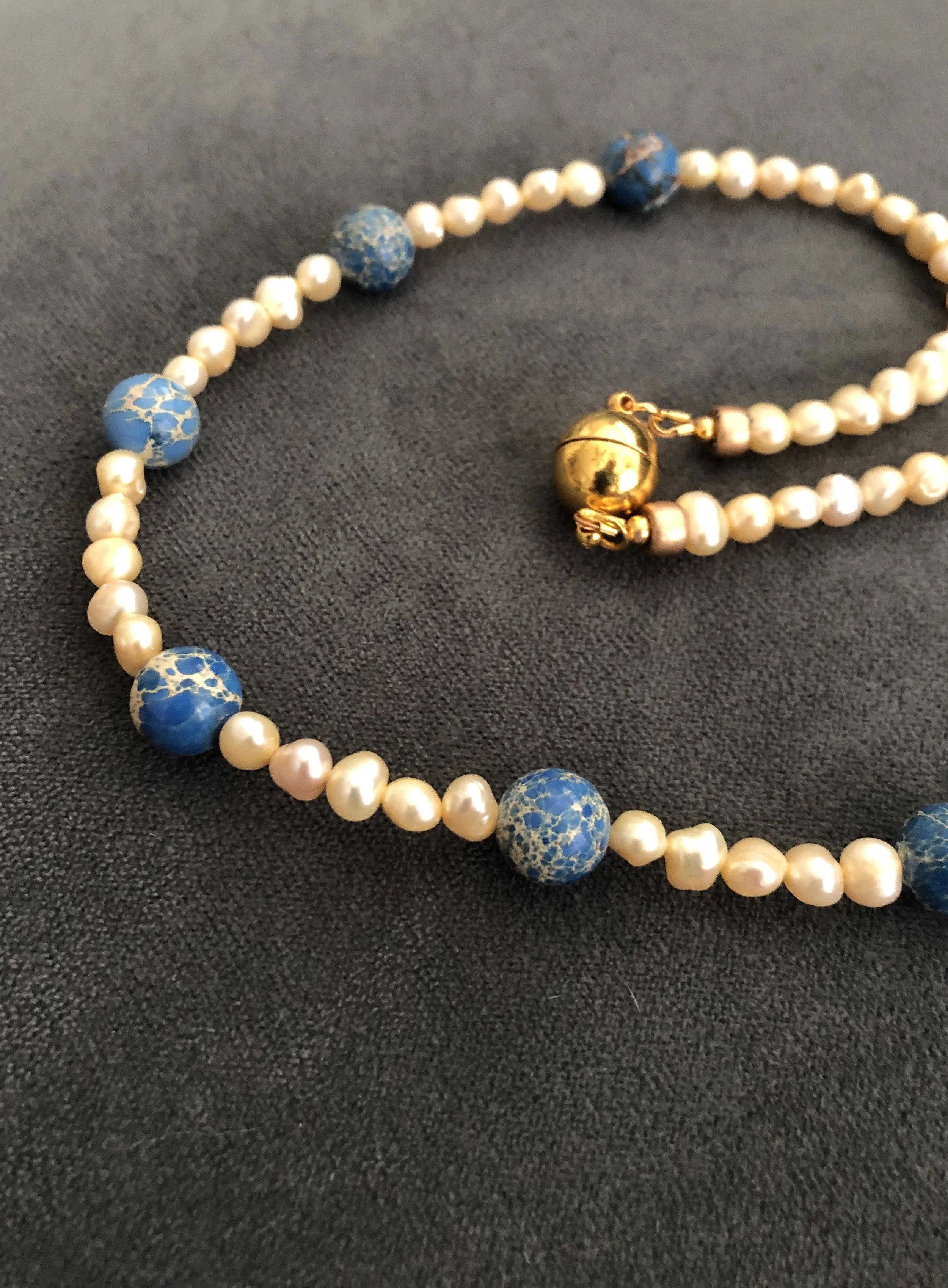 Blue jasper and ivory rice pearls