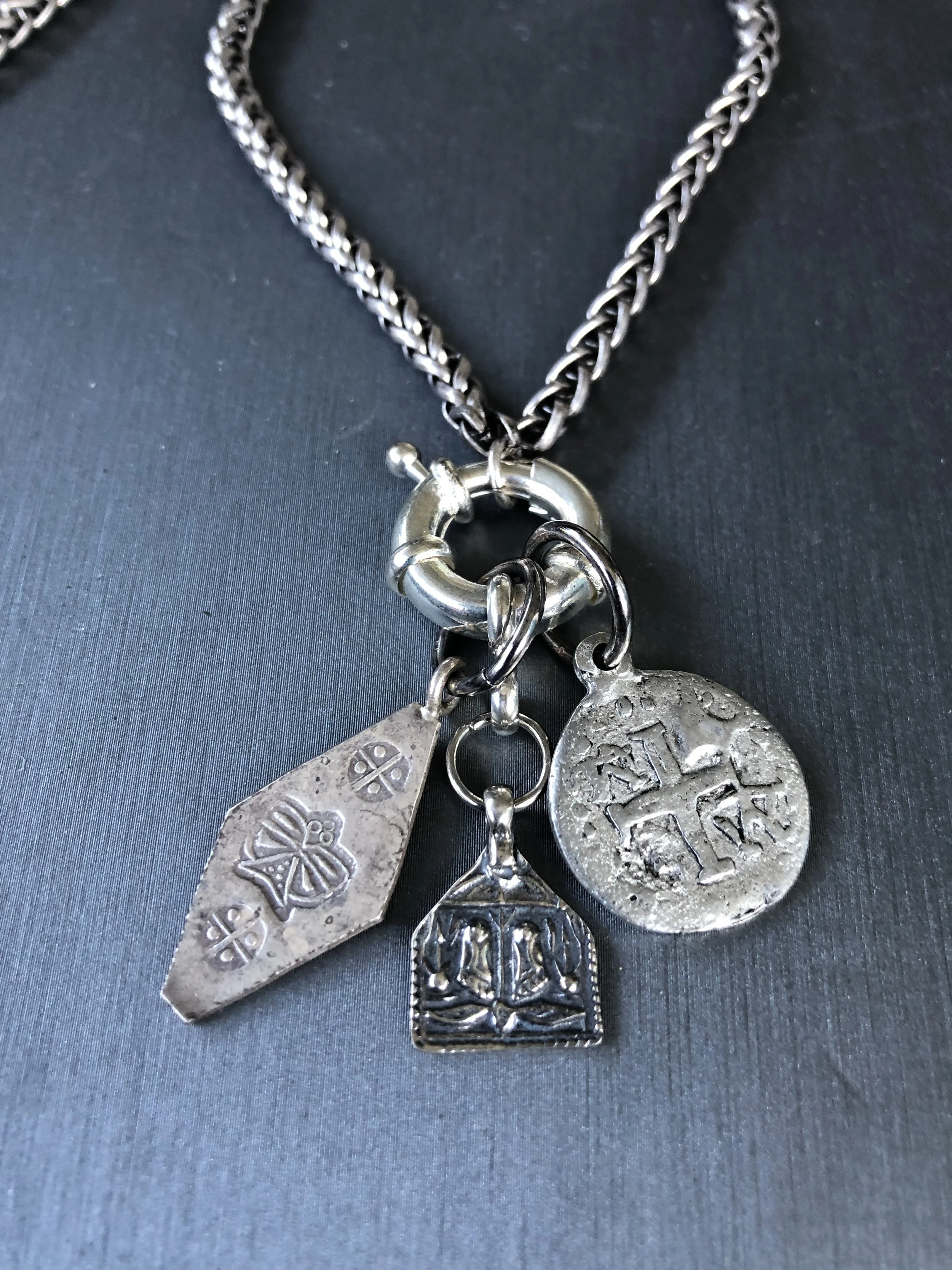 Vintage charms on antiqued silver wheat chain