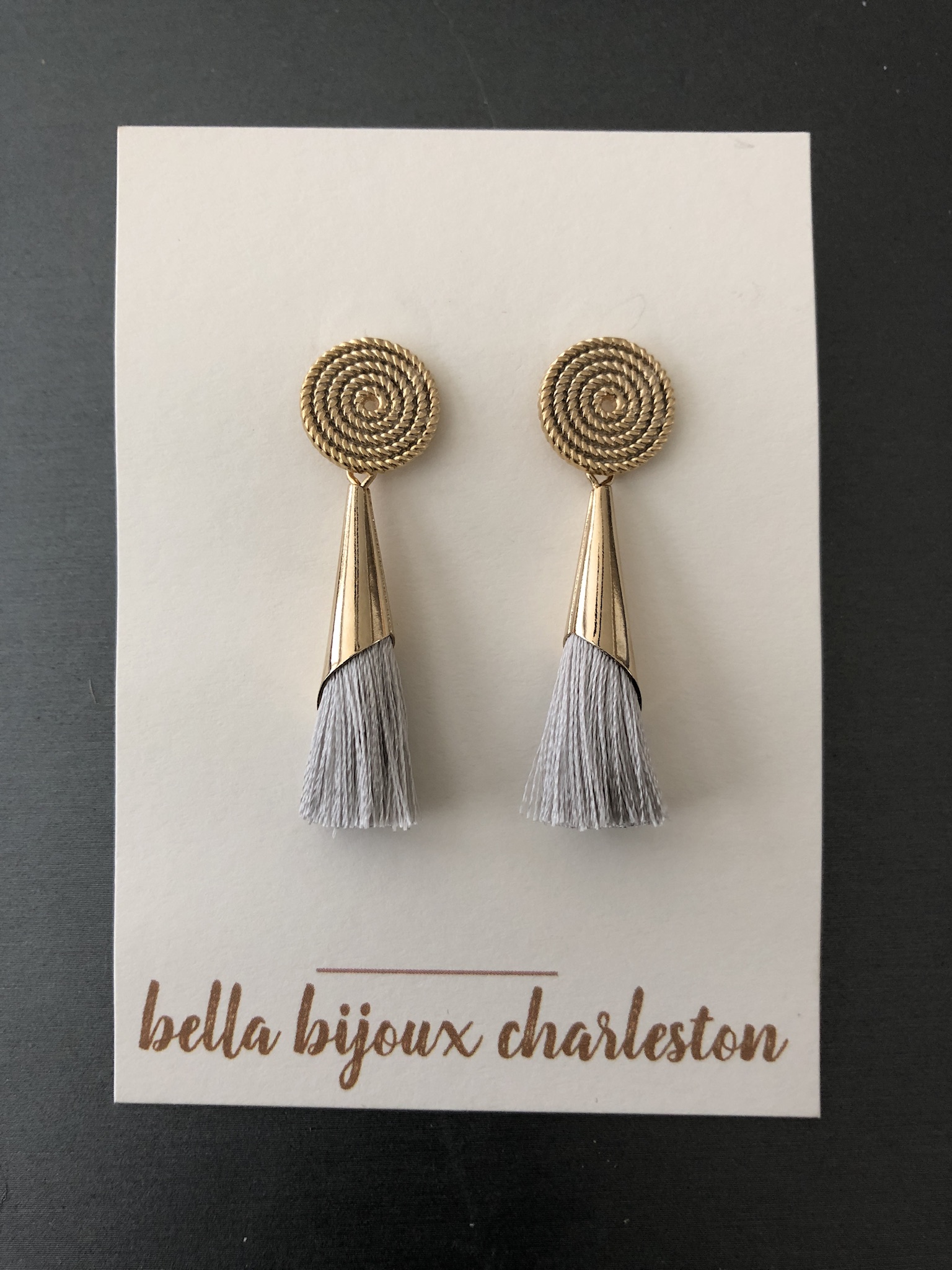 Basketweave and grey tassel earrings