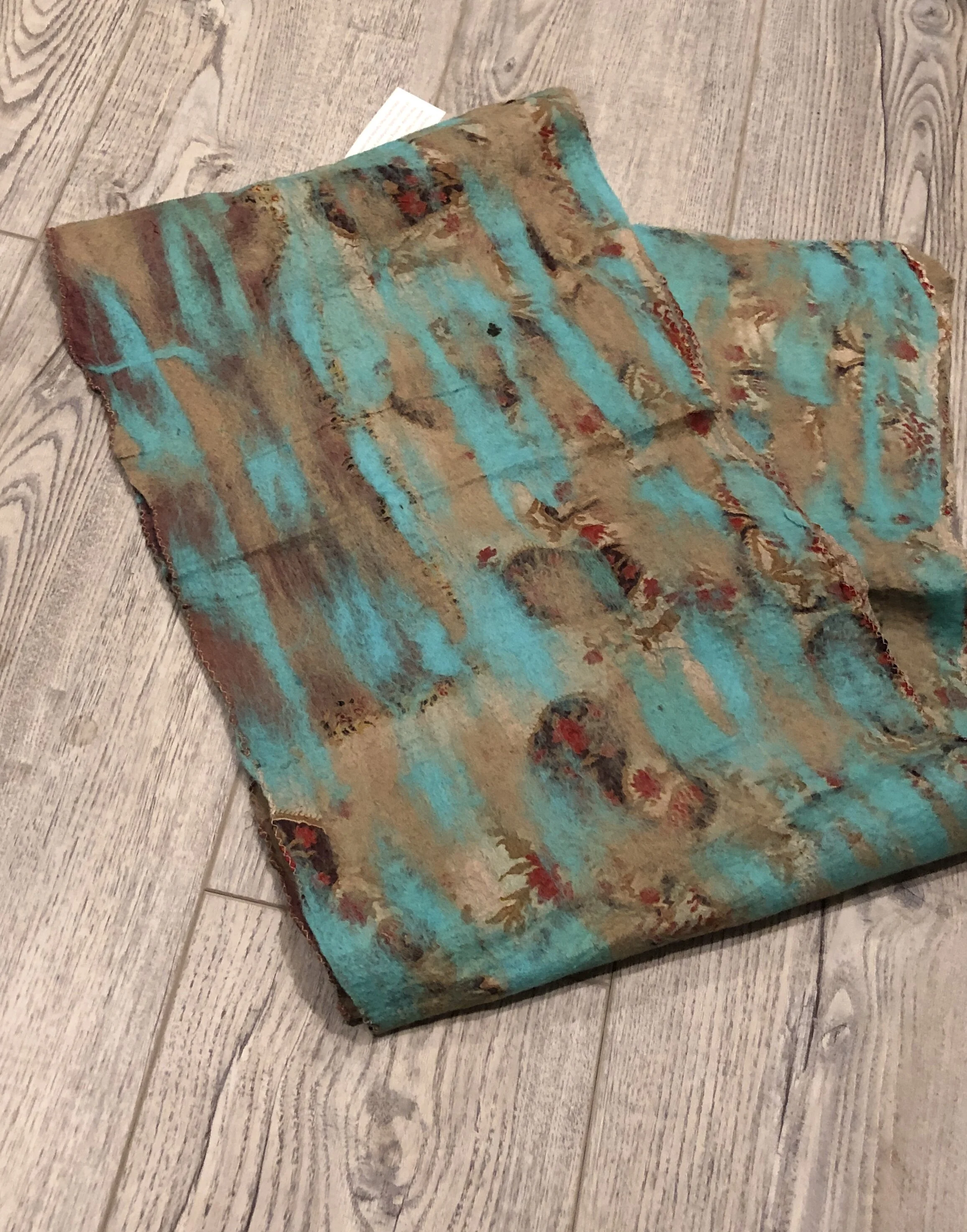 Light turquoise and sand felt sari scarf/tablerunner