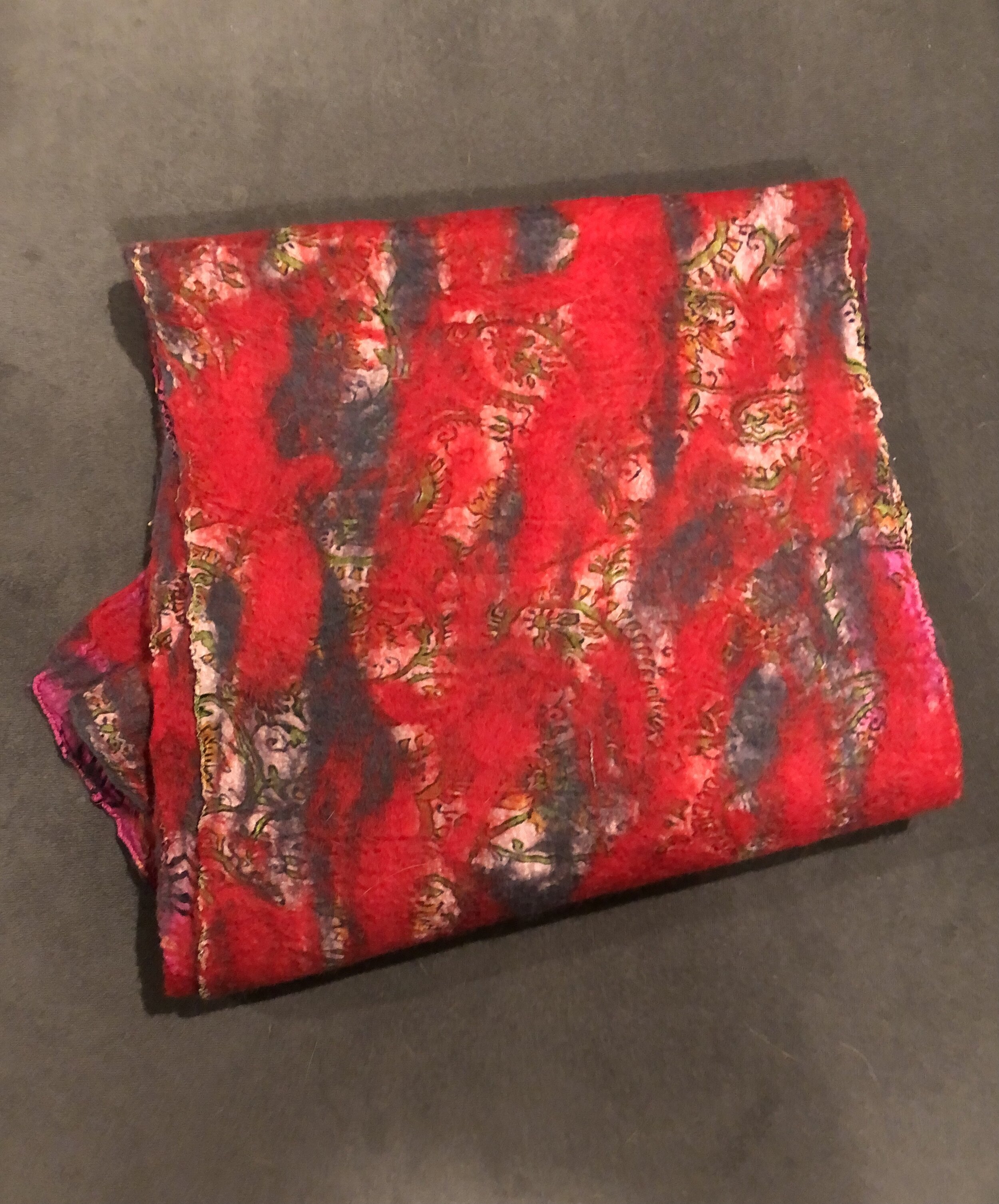Red/gray felt-sari scarf or tablerunner 