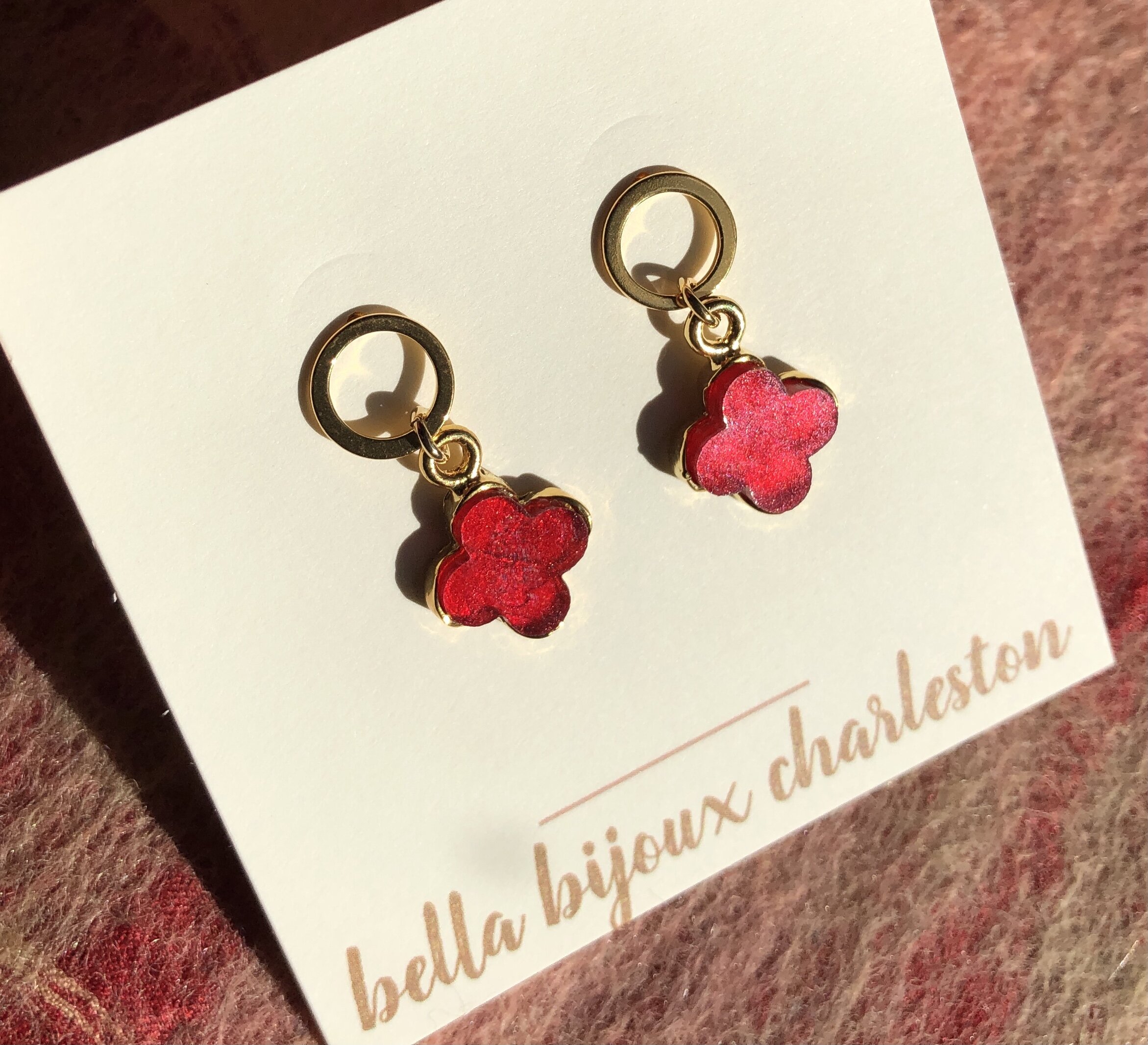 Ruby red quatrefoil post earrings