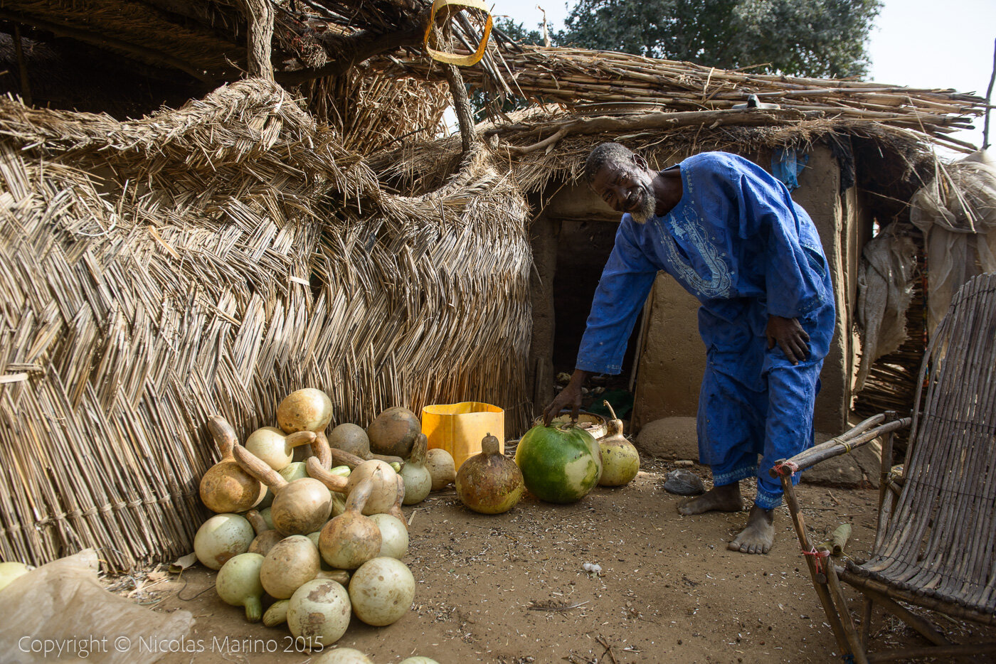 A Burkinabe man in his village, cutting pumpkins to turn them into drinking and eating containers. Burkina Faso
