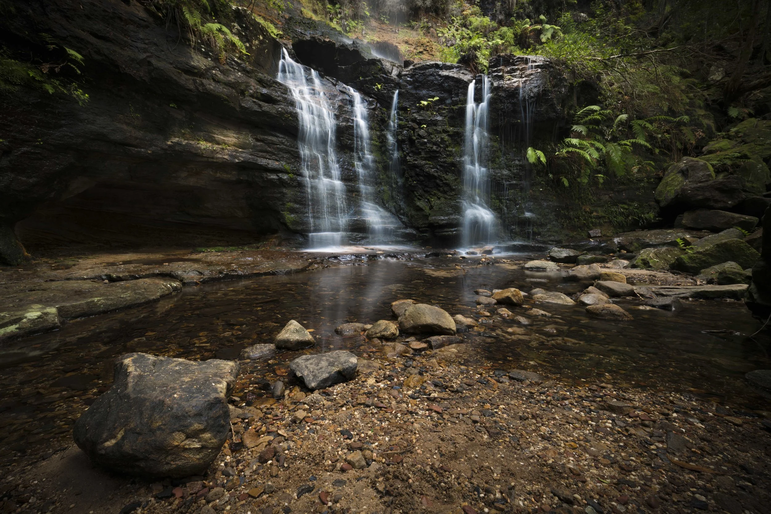 Waterfall cascading through a dense rainforest