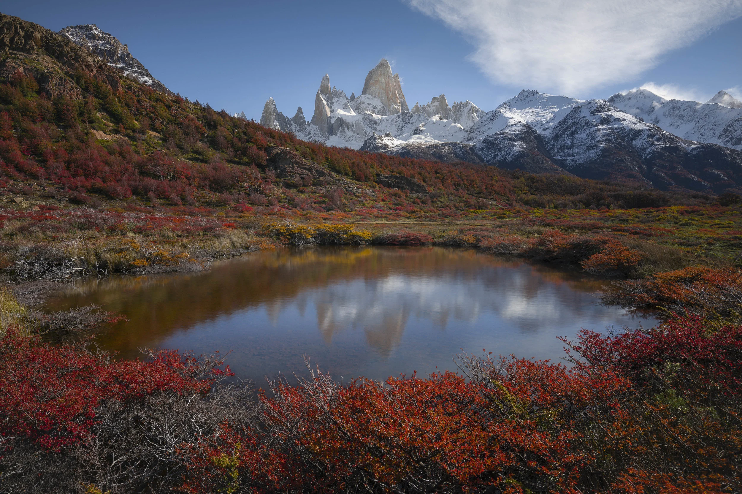Reflection of Mount Fitz Roy in a still mountain pool under a clear sky