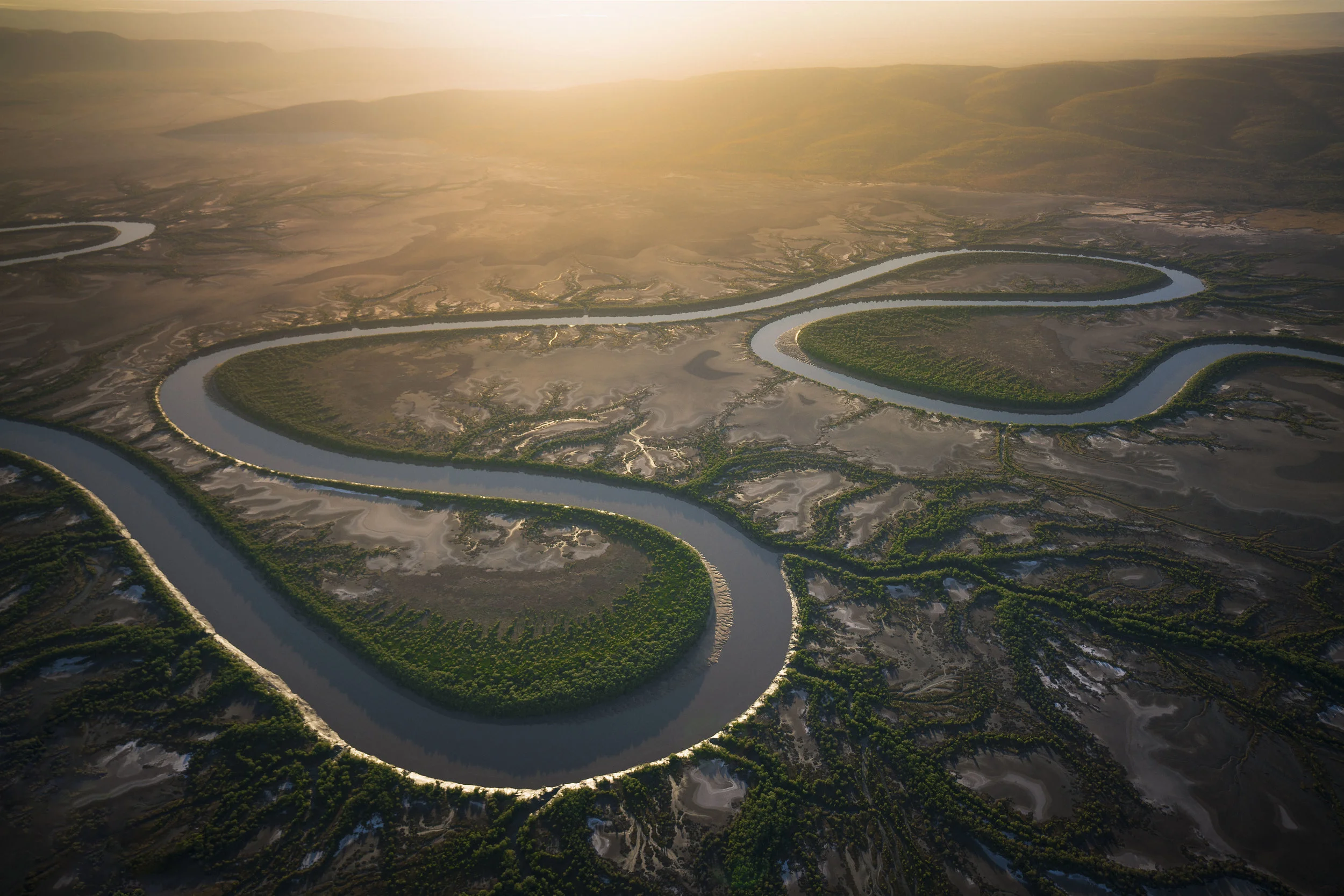 Aerial view of winding channels of the King River in Western Australia