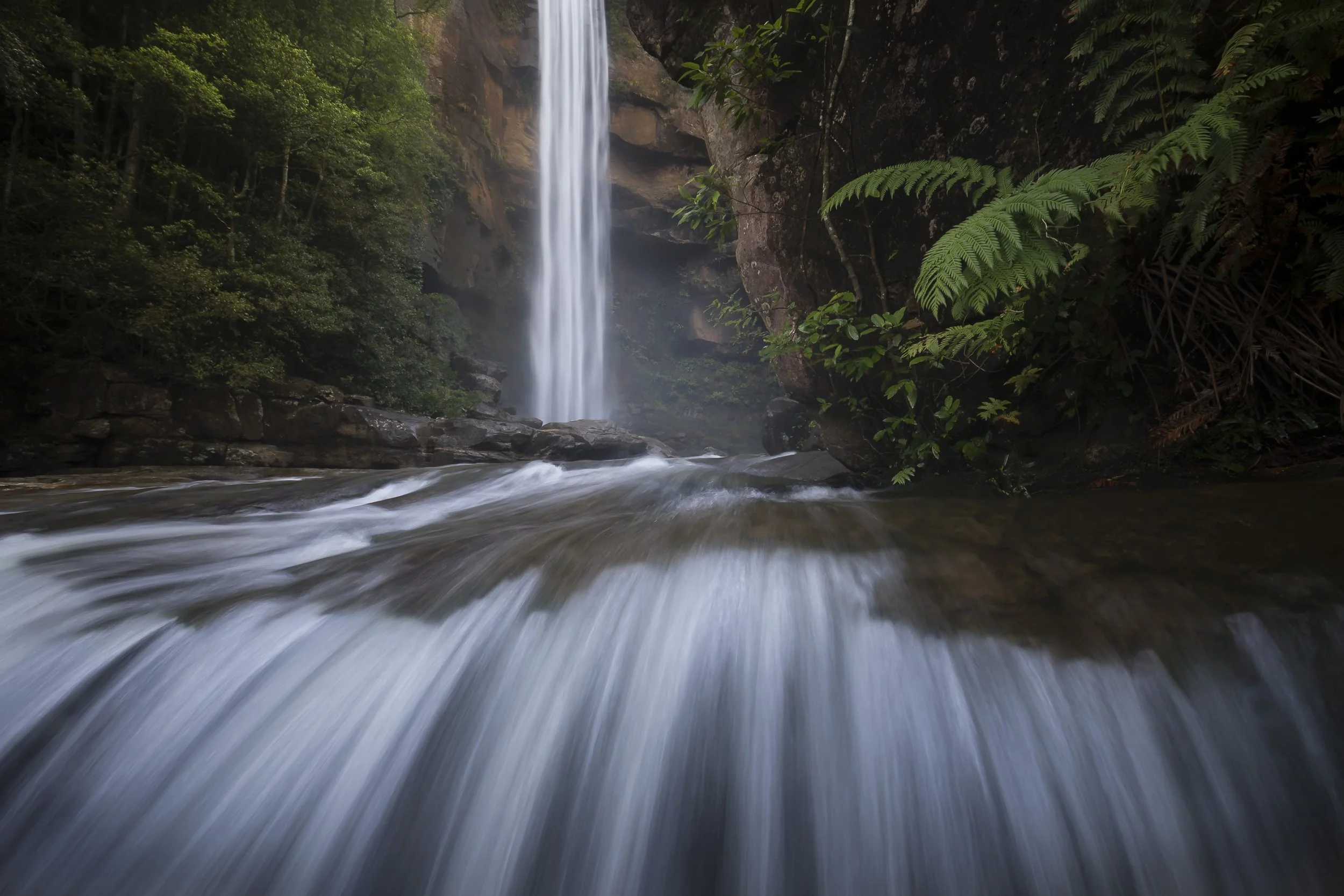 Cascading waterfall of Belmore Falls surrounded by lush greenery