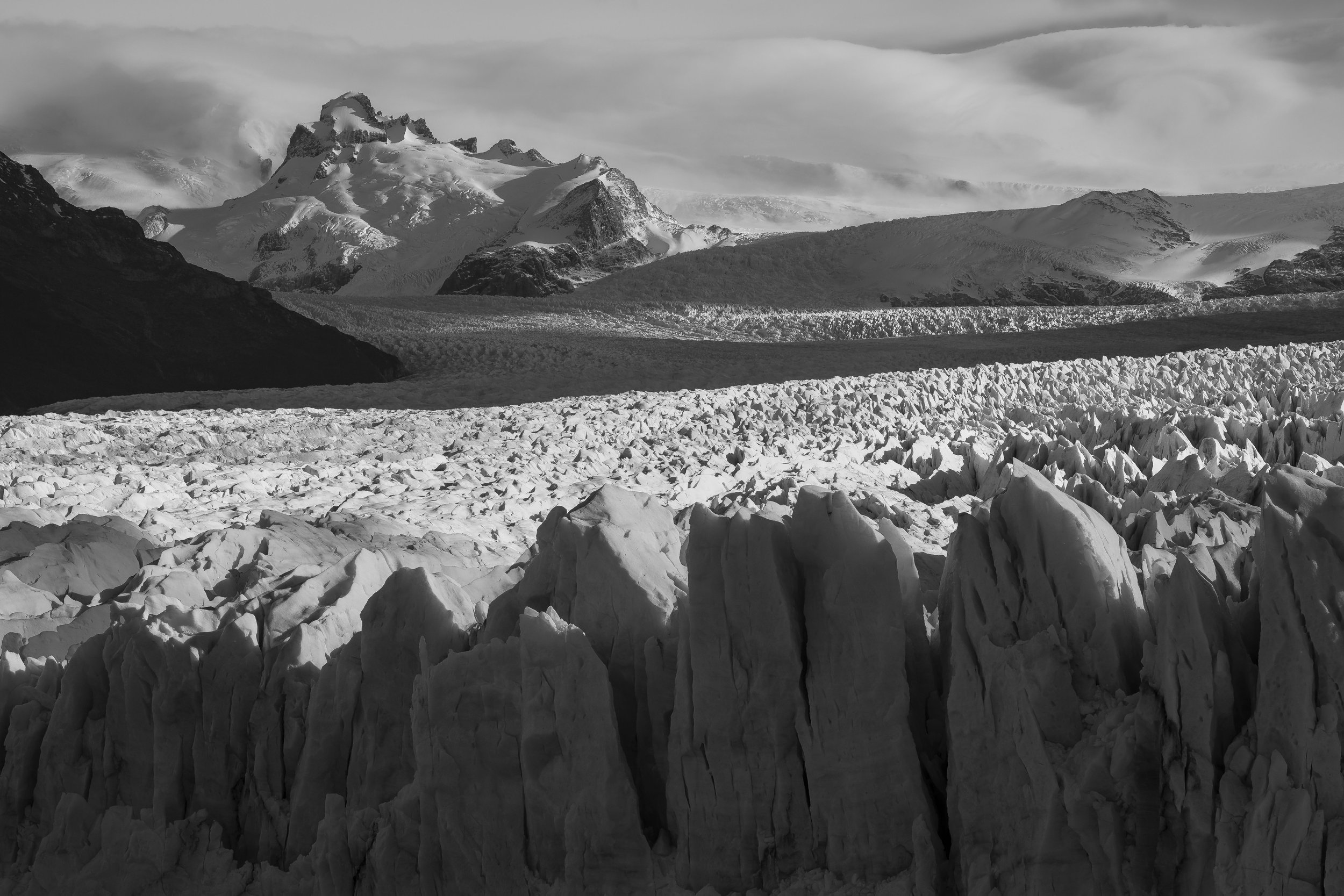 Patagonian Icefield in black and white, showing vast glaciers and rugged icy terrain