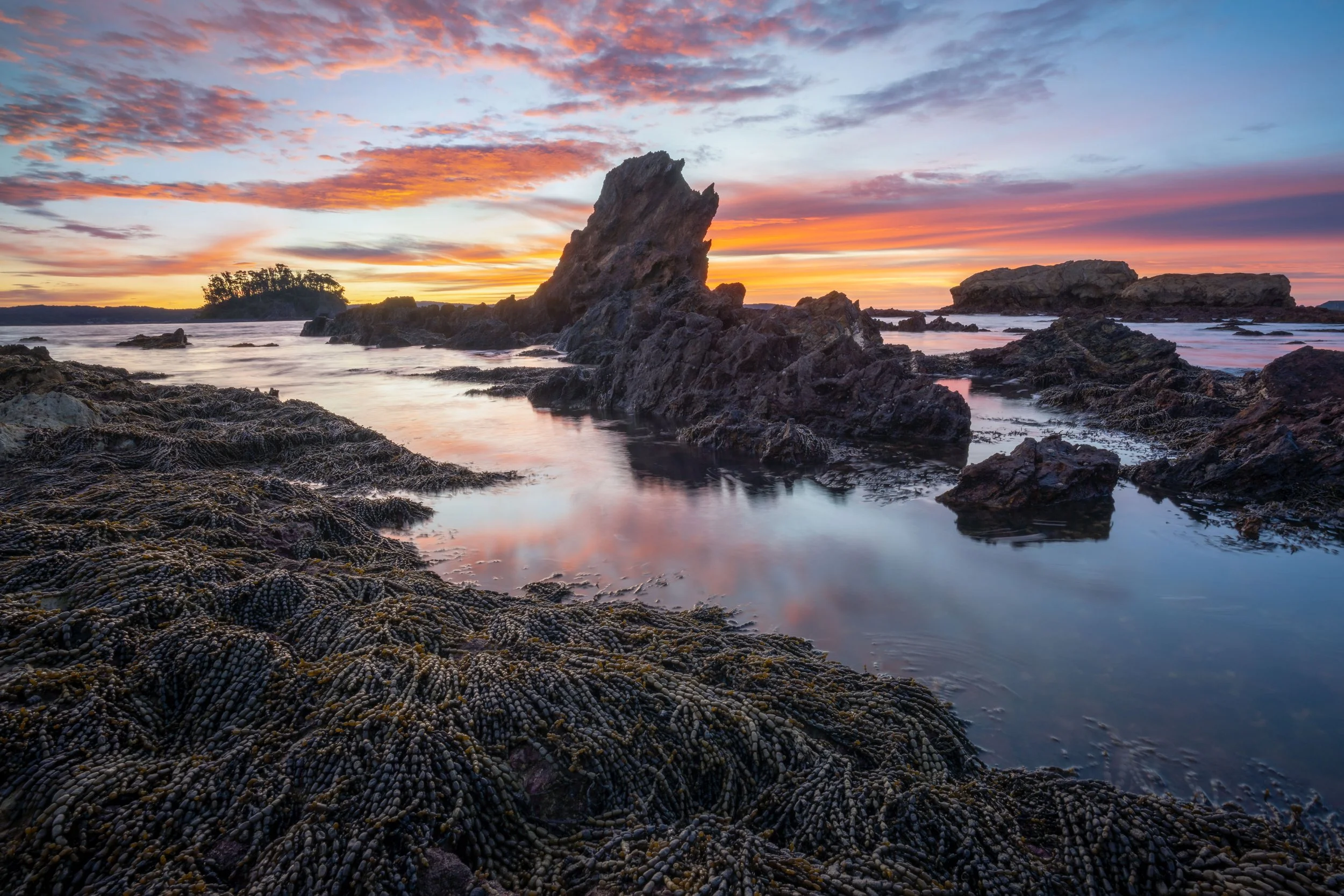 Sunrise light illuminating a coastal rock spire with waves and shoreline