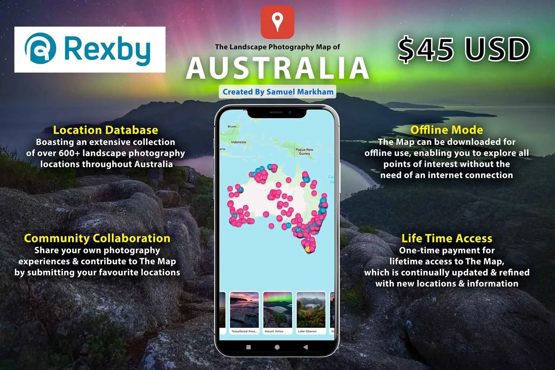 amuel Markham landscape photography map highlighting scenic locations throughout Australia