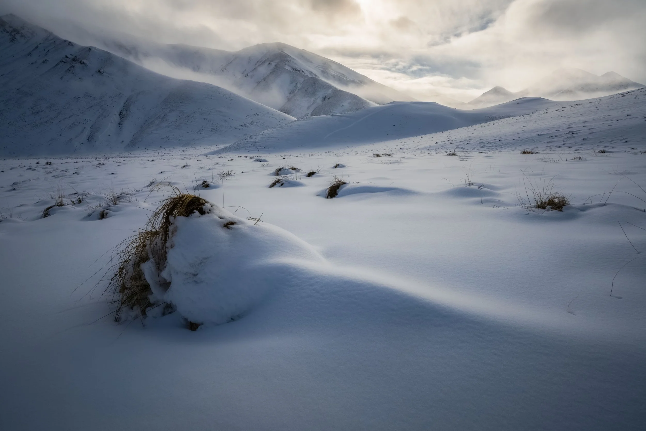 Lindis Pass covered in snow, with rolling tussock-covered hills