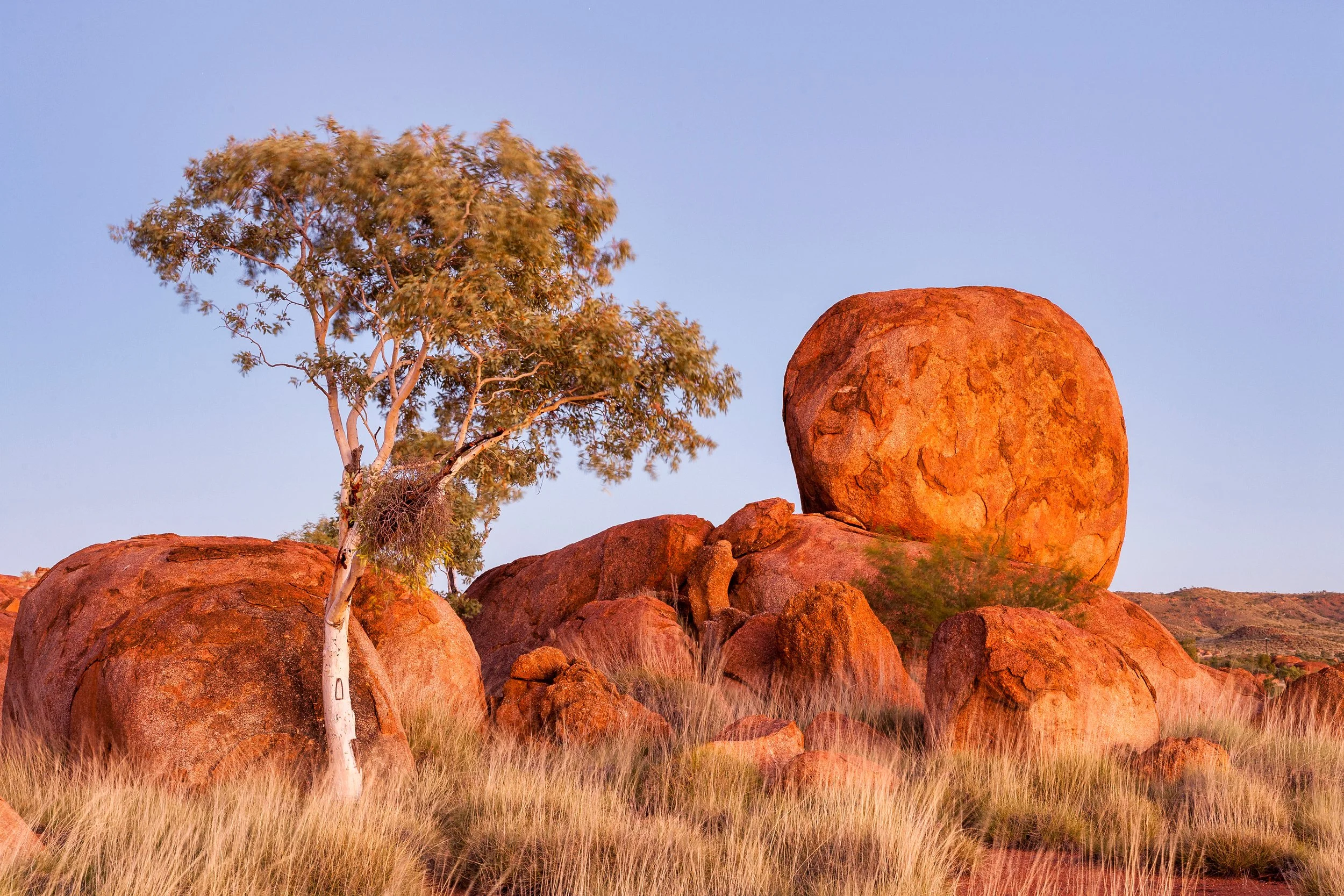 Large granite boulders scattered across the desert landscape at Devils Marbles, Northern Territory.